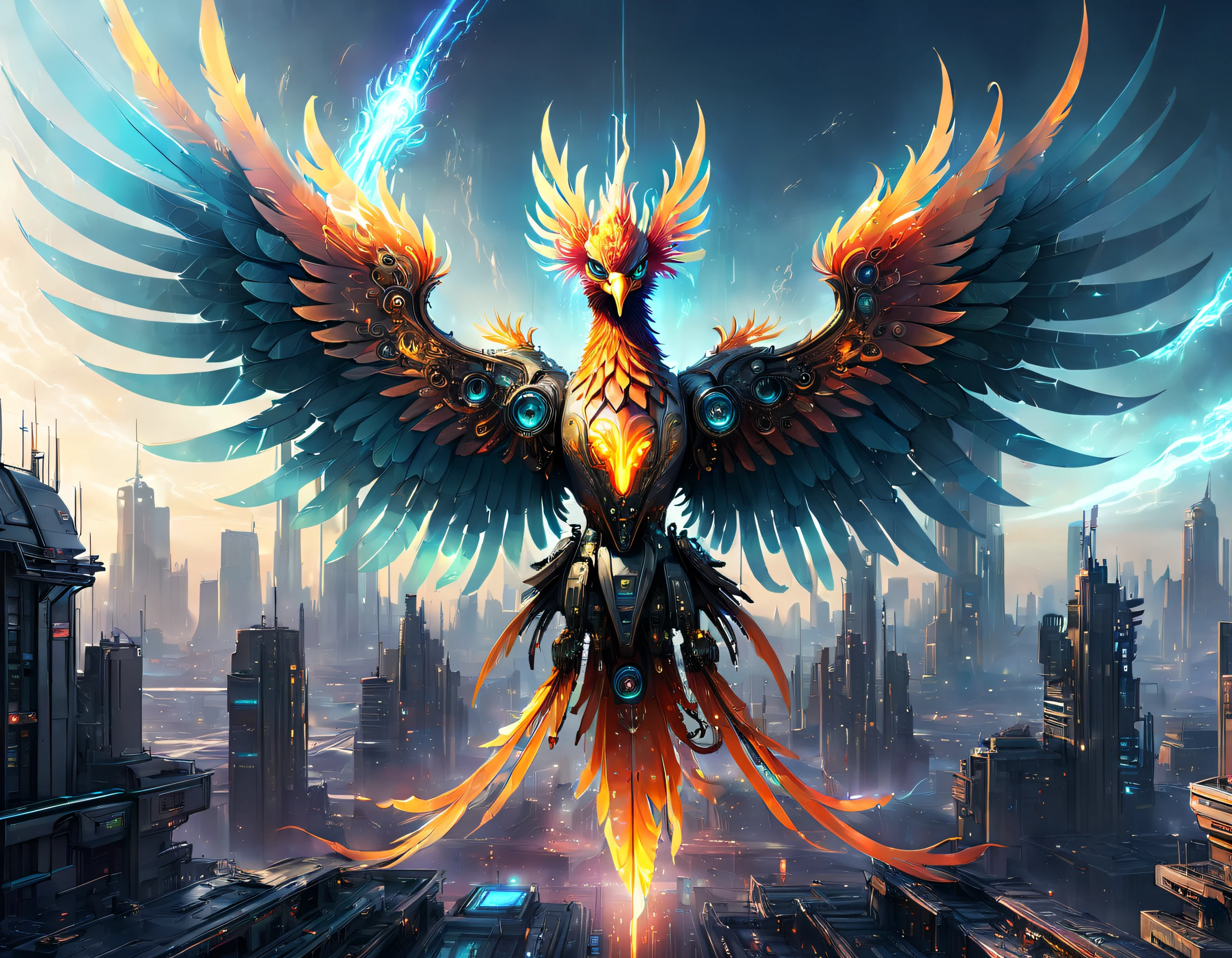 Translucent ethereal mechanical phoenix,Futuristic Phoenix,Mechanical wings,futuristic urban background,Beautiful sci-fi art, Science-fi digital art illustration, Digital cyberpunk art, science fiction digital painting, futuristic digital painting, futuristic concept art, in front of a sci fi cityscape, science fiction digital art, Advanced digital cyberpunk art, Fantastic cyberpunk phoenix