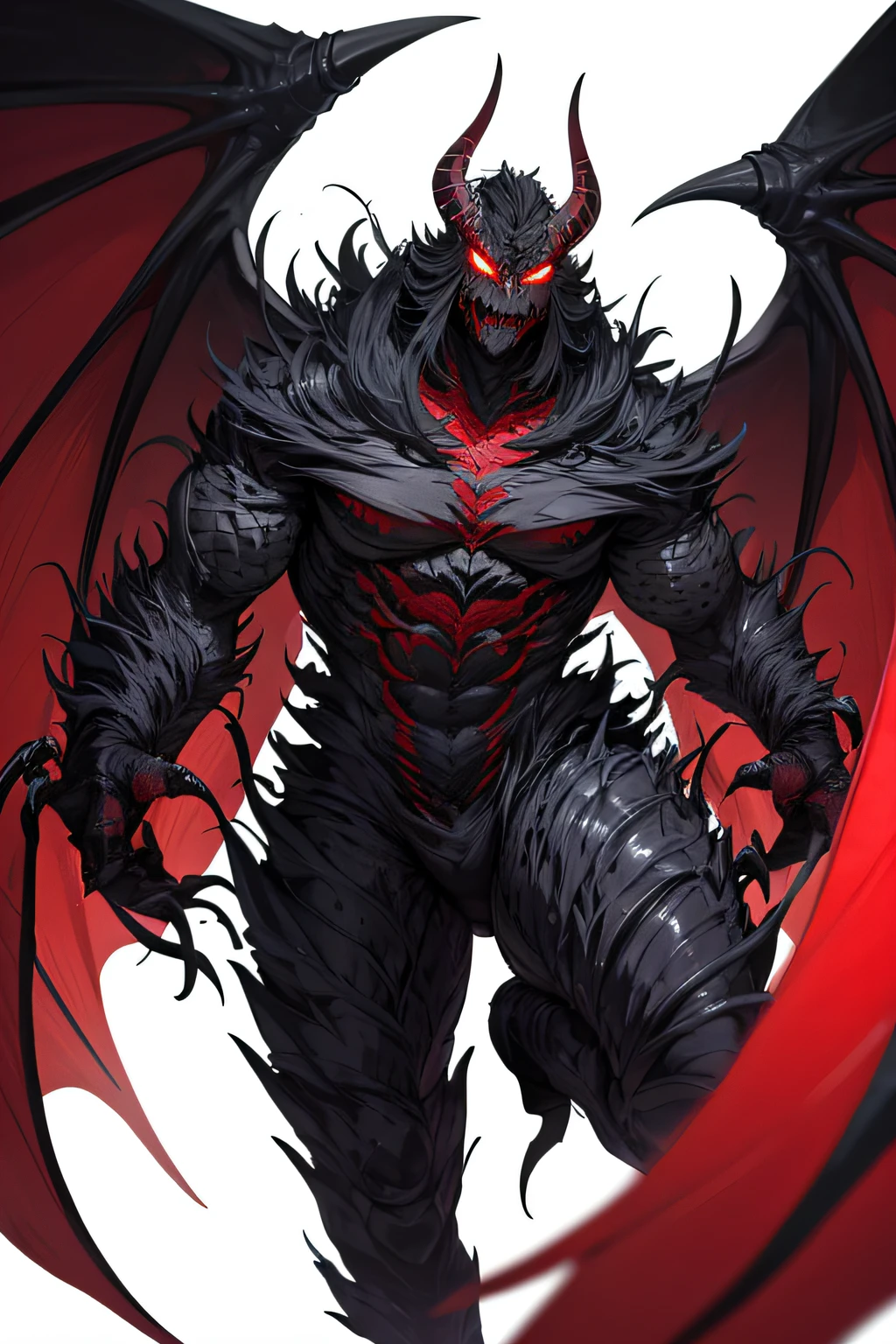 very scary creature. Its body grew large with large horns rising from its head. Its skin was covered with shiny black scales, and its eyes were still bright red. His hands become deadly sharp claws, and he has large wings that can sprout when he flies. His resounding voice and demonic presence were very menacing.