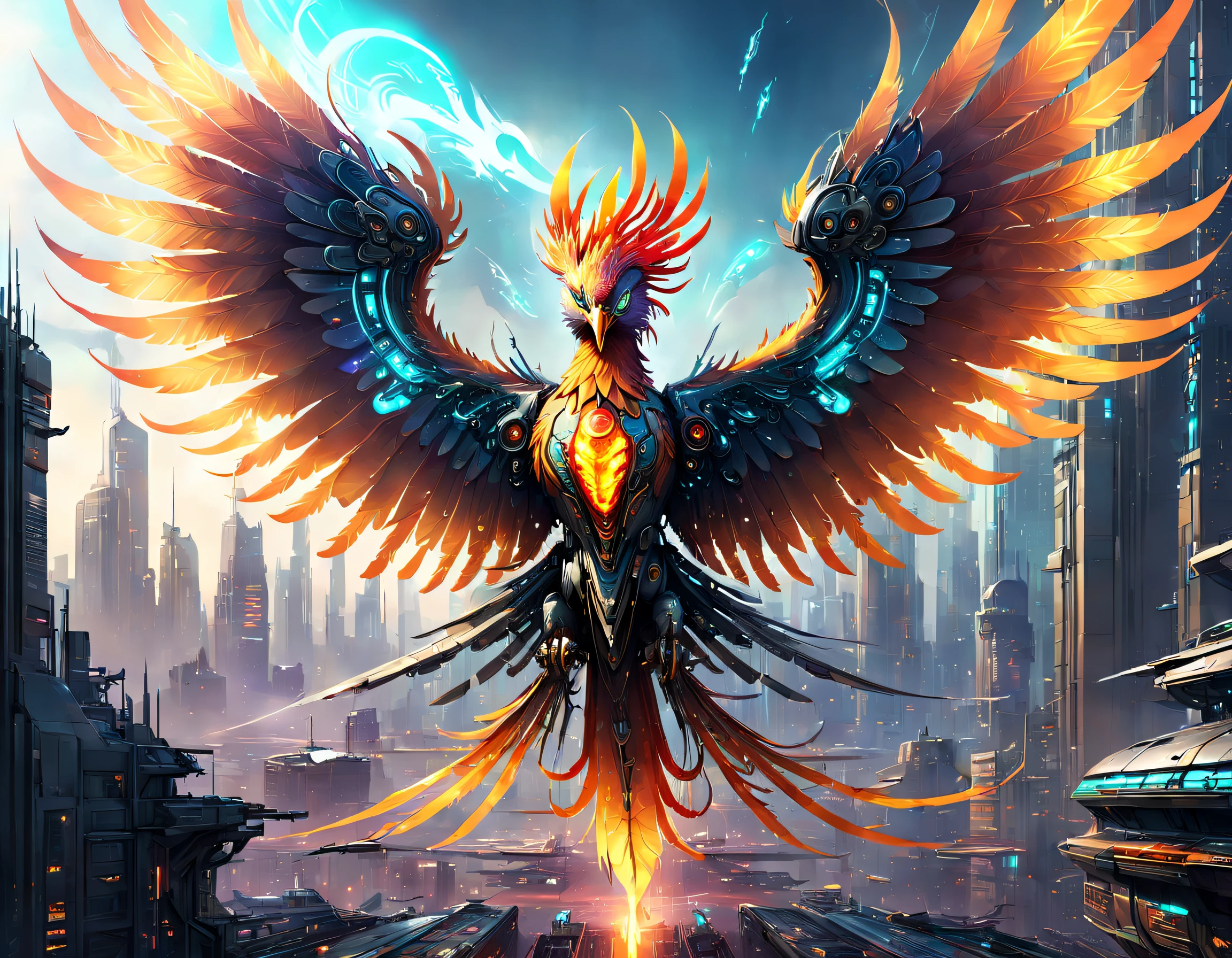 Translucent ethereal mechanical phoenix，Futuristic Phoenix，Mechanical wings，futuristic urban background，Beautiful sci-fi art, Science-fi digital art illustration, Digital cyberpunk art, science fiction digital painting, futuristic digital painting, futuristic concept art, in front of a sci fi cityscape, science fiction digital art, Advanced digital cyberpunk art, Fantastic cyberpunk phoenix