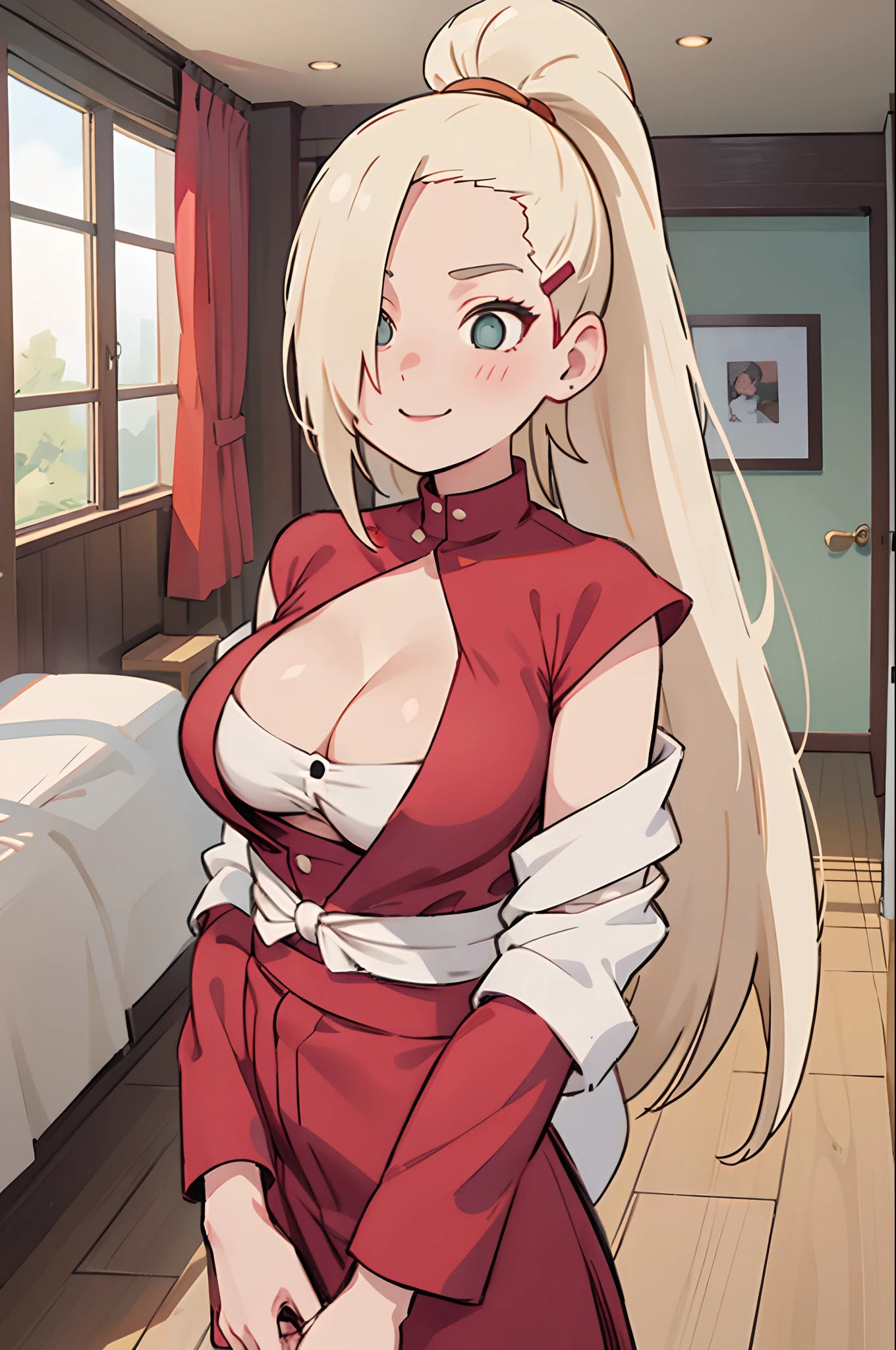 Ino yamanaka,Off-the-shoulder attire,cleavage,Be red in the face,Frontal photo,inside in room,ssmile