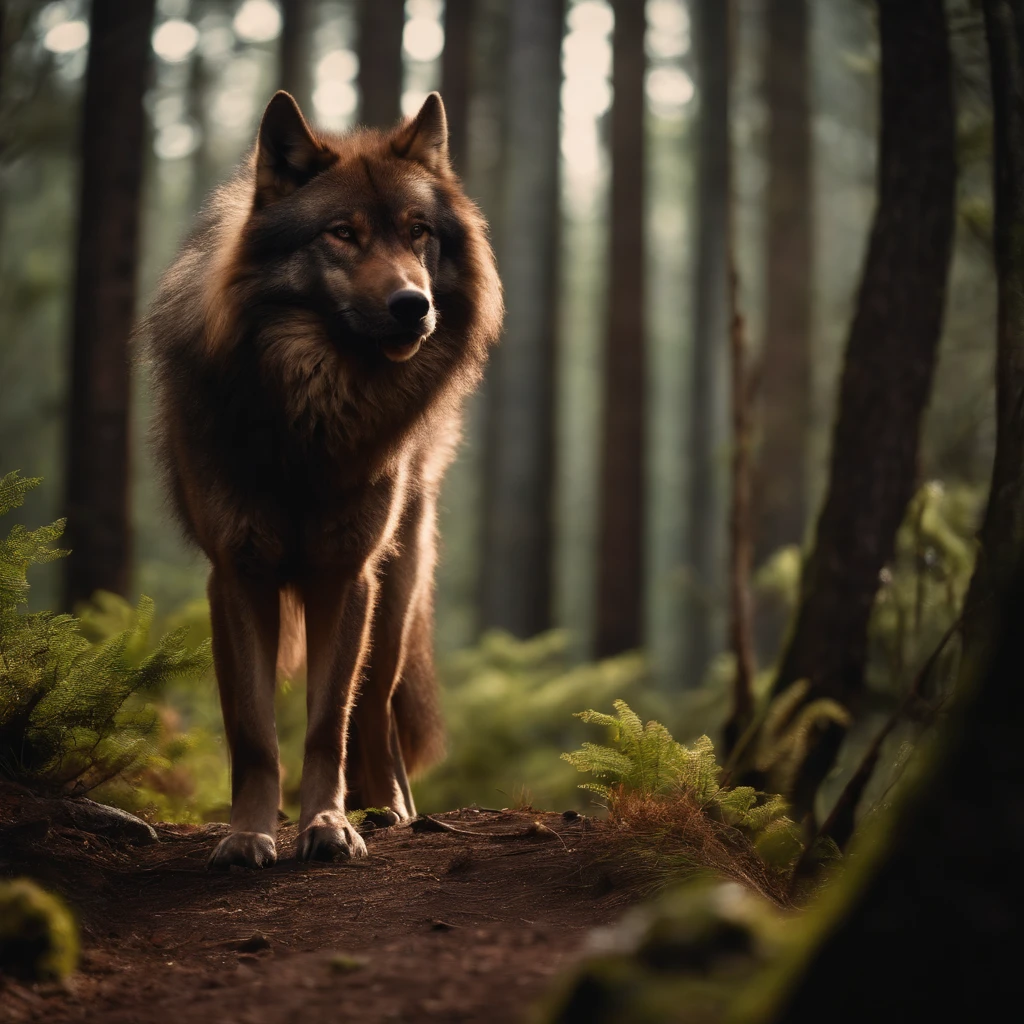 Menina loira na floresta gelada,Next to it is a big brown wolf.