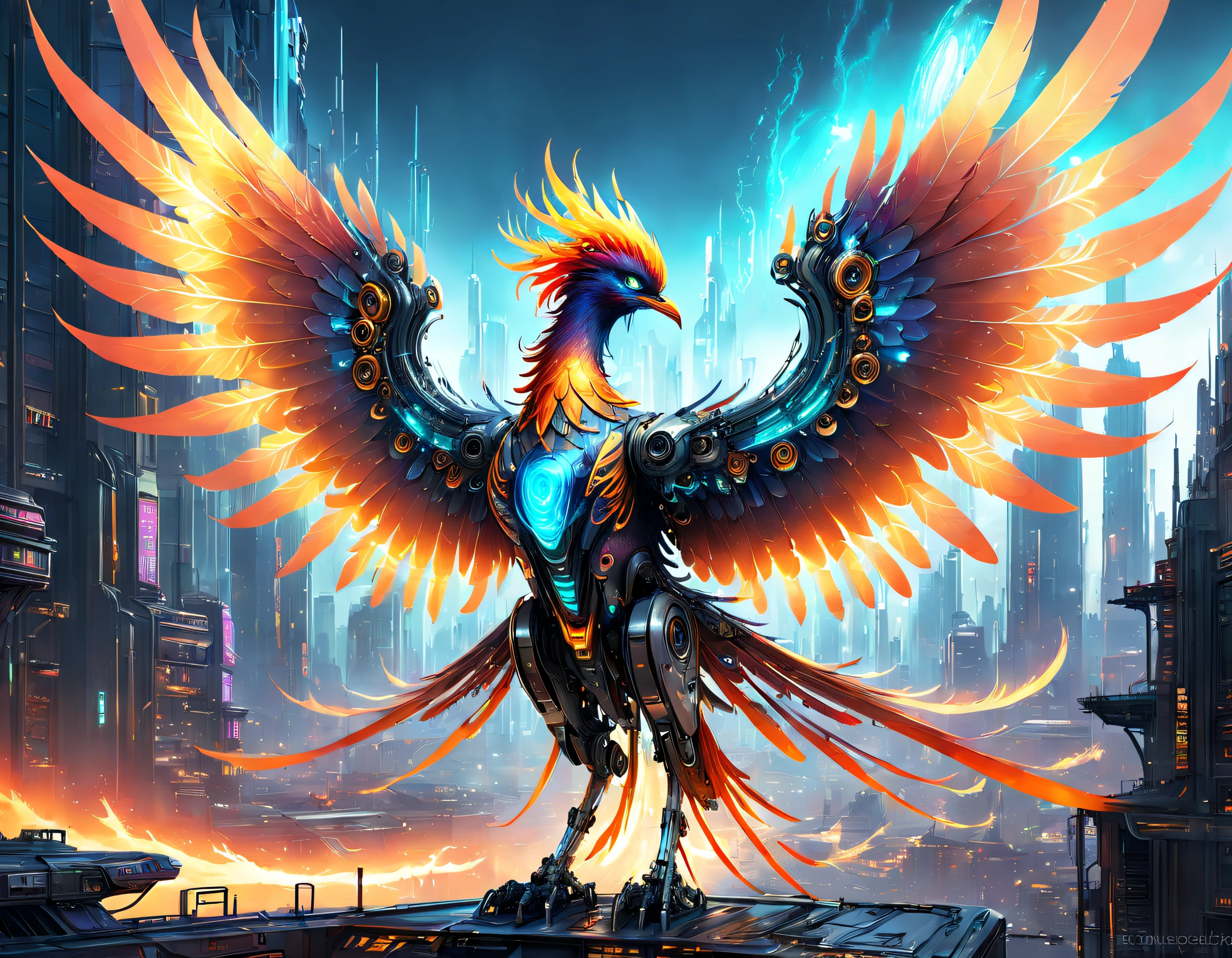 Translucent ethereal mechanical phoenix,Futuristic Phoenix,Mechanical wings,futuristic urban background,Beautiful sci-fi art, Science-fi digital art illustration, Digital cyberpunk art, science fiction digital painting, futuristic digital painting, futuristic concept art, in front of a sci fi cityscape, science fiction digital art, Advanced digital cyberpunk art, Fantastic cyberpunk phoenix