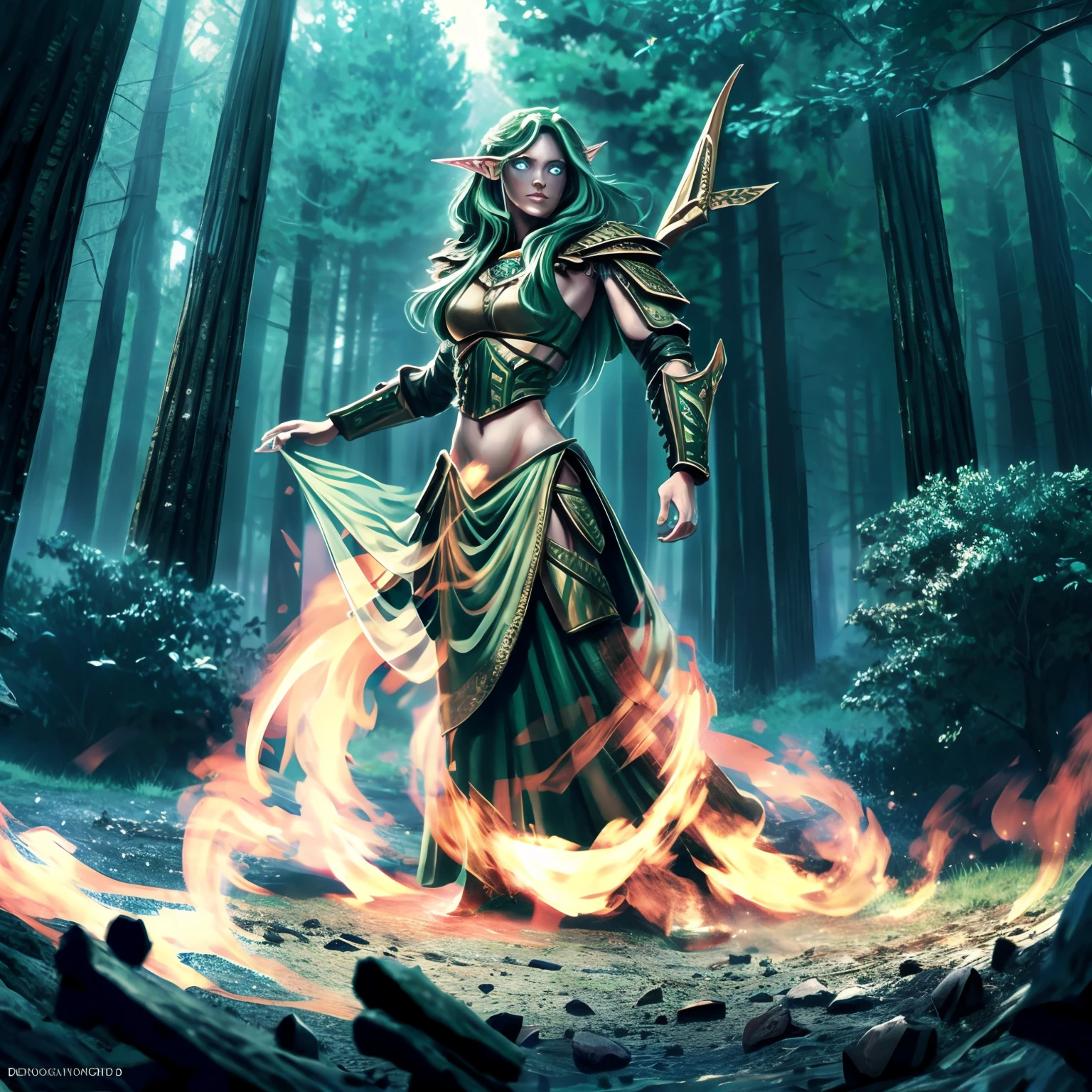wood elf, armour made of wood, pretty face, nice body, green hair, blue eyes, in a forest, 8k, HD, UHD