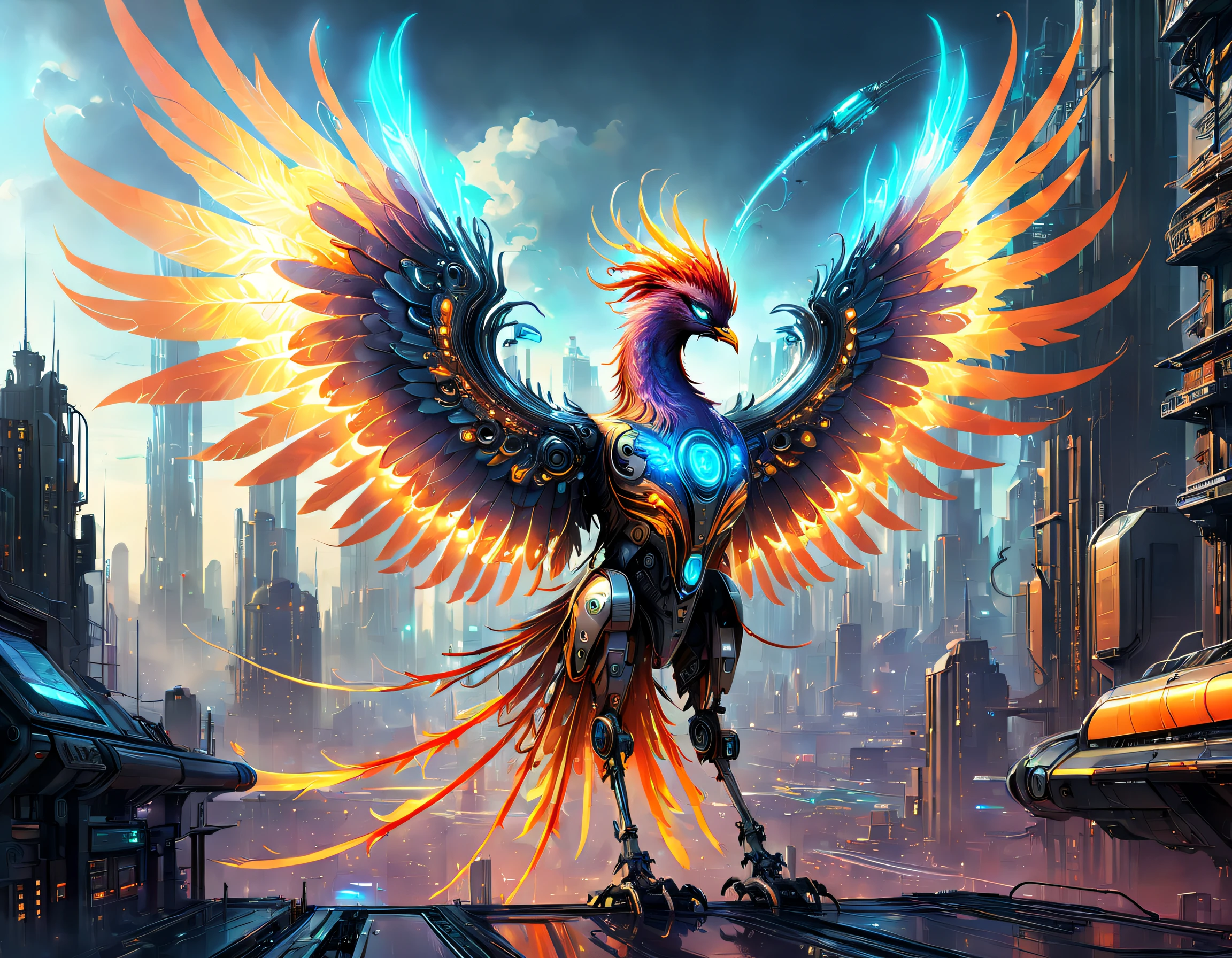 Translucent ethereal mechanical phoenix,Futuristic Phoenix,Mechanical wings,futuristic urban background,Beautiful sci-fi art, Science-fi digital art illustration, Digital cyberpunk art, science fiction digital painting, futuristic digital painting, futuristic concept art, in front of a sci fi cityscape, science fiction digital art, Advanced digital cyberpunk art, Fantastic cyberpunk phoenix
