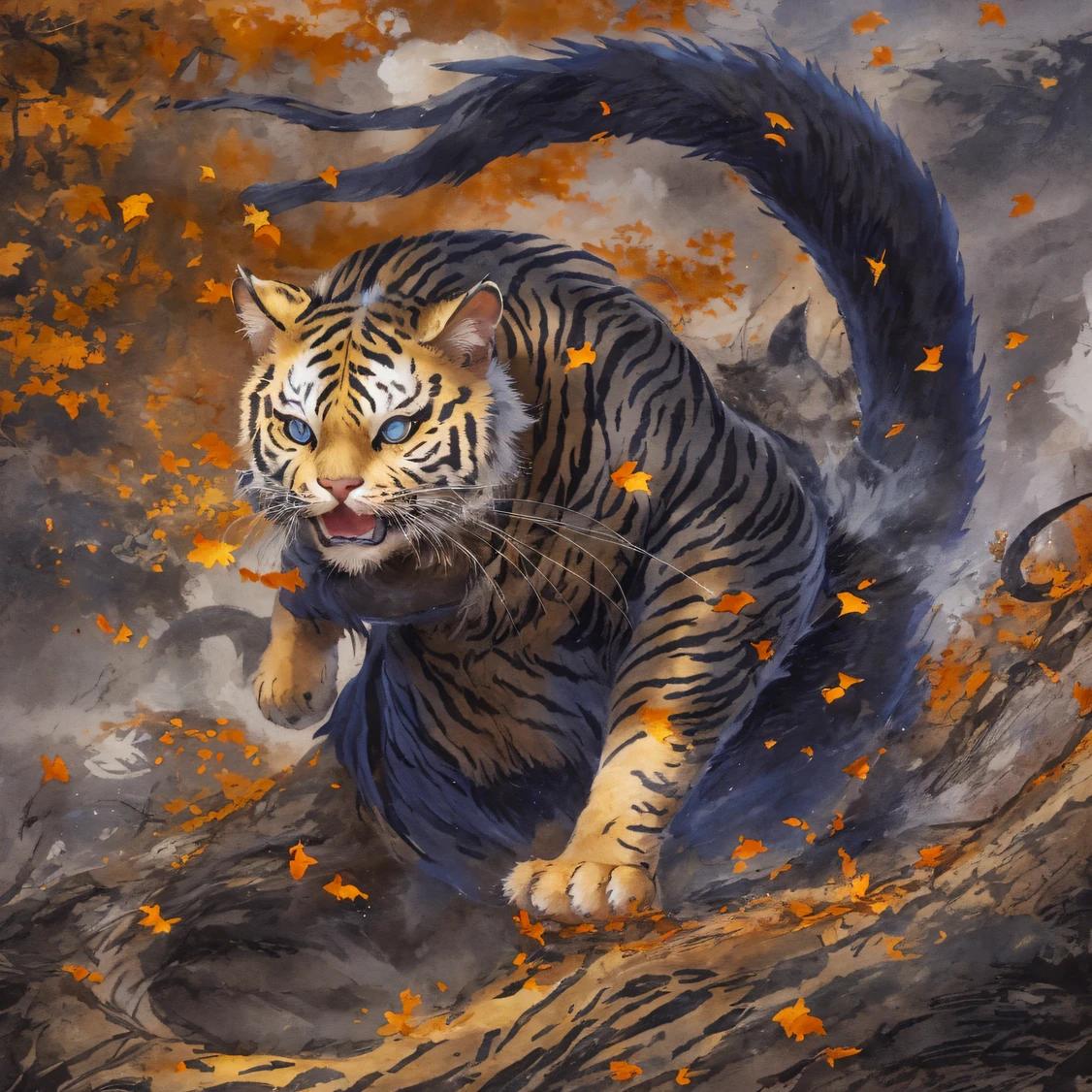 Phantom Cat 32K，Phoenix Immortal Demon Realm, Chance encounter with Liu Hanshu, He saw in him his former self, It was decided to take him as an apprentice, Teach him how to protect himself, But because of the Tibetan star map, Phoenix and the Liu family、The Jade Sword Sect establishes relationships, It opens with the death of Liu Hanshu, Qin Yu embarked on the road of confrontation with a strong enemy, Working hard, Make yourself stronger, Stick to your own core path of justice, （Nether Spirit Cat）eyes filled with angry，The Nether Spirit Cat clenched its fists，Rush up，Deliver a fatal blow to your opponent，full bodyesbian，Full Body Phantom Cat Male Mage 32K（Masterpiece Canyon Ultra HD）v（canyons）Climb the streets， The scene of the explosion（canyons）， （Night）， The Night Tiger Demon's angry fighting stance， looking at the ground， Batik linen bandana， Chinese python pattern long-sleeved garment， canyons（Abstract propylene splash：1.2）， Dark clouds lightning background，Phantom cat（realisticlying：1.4），Black color hair，Fallen leaves flutter，rainbow background， A high resolution， the detail， RAW photogr， Sharp Re， Nikon D850 Film Stock Photo by Jefferies Lee 4 Kodak Portra 400 Camera F1.6 shots, Rich colors, ultra-realistic vivid textures, Dramatic lighting, Unreal Engine Art Station Trend, cinestir 800，Flowing black hair,（（（Jungle Canyon）））The wounded lined up in the streets（vale）Climb the streets，Movie master real-time image quality（tmasterpiece，k hd，hyper HD，32K）Nether Spirit Cat（Linen batik scarf）， Combat posture， looking at the ground， Linen bandana， Chinese night tiger pattern long-sleeved clothing，Night Tiger Demon（Abstract gouache splash：1.2）， Dark clouds lightning background，sprinkling