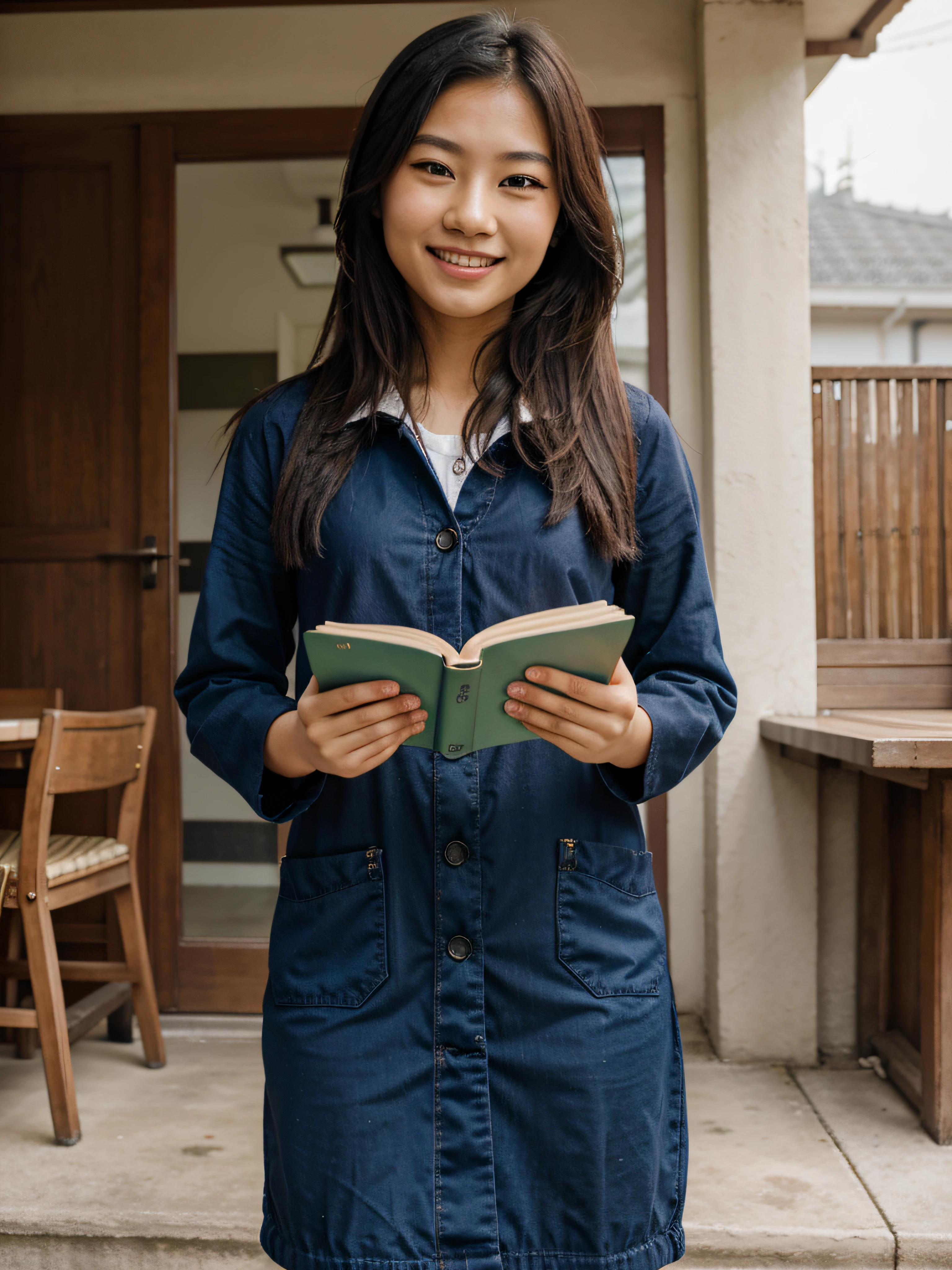 Asian girl smiling with a book in her hands