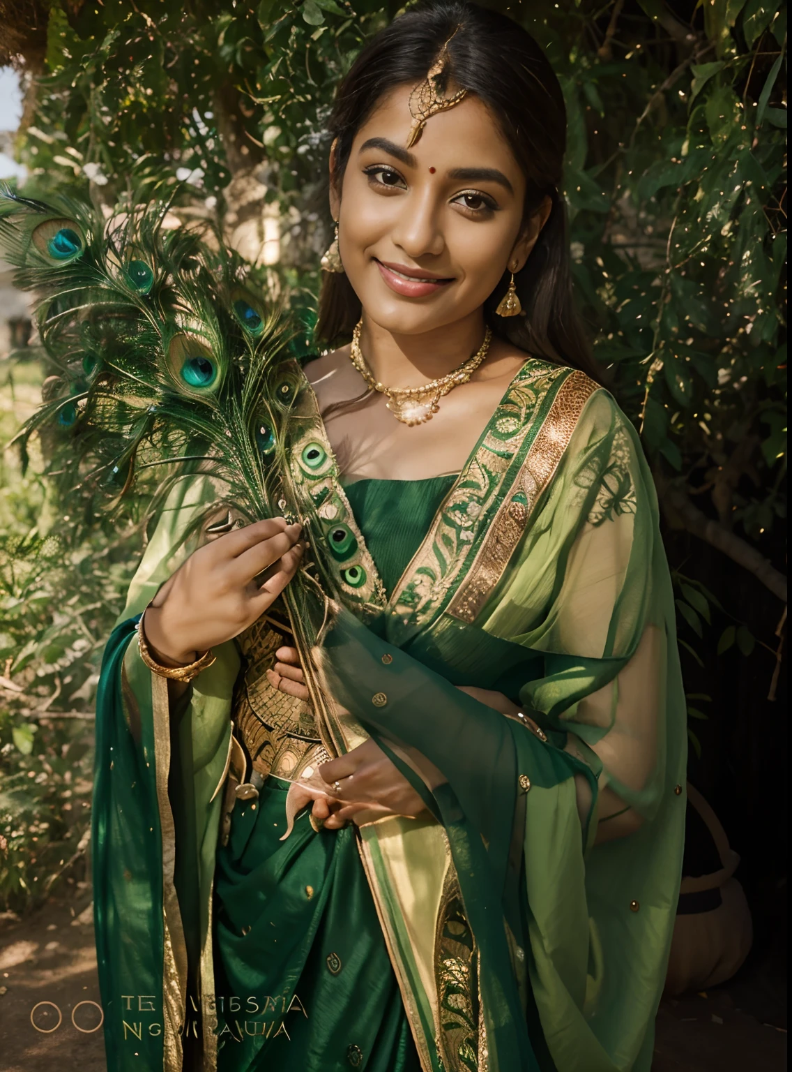 Indian queen realistic smile 8k ultra natural green nature background peacock feathers in hand