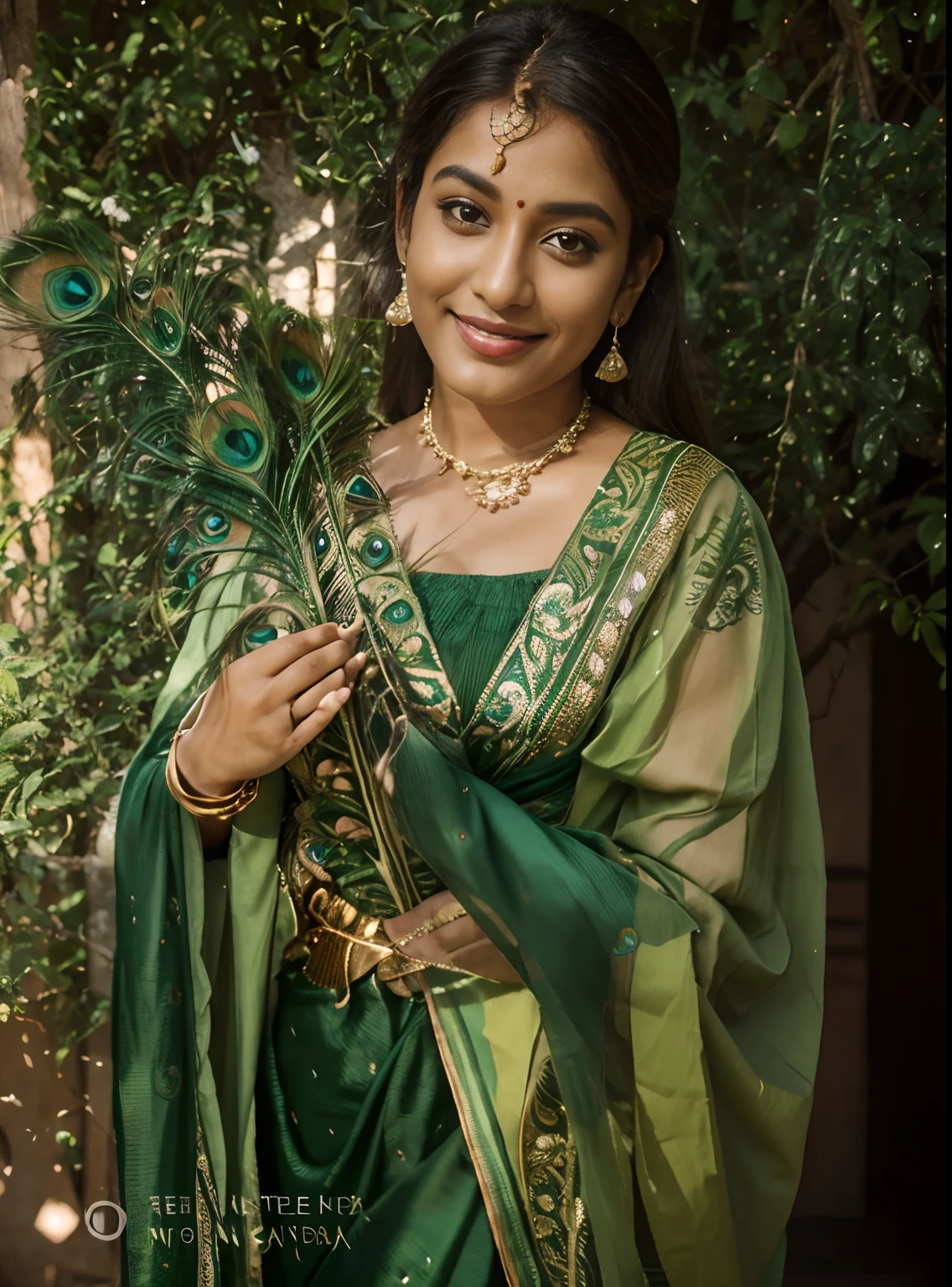 Indian queen realistic smile 8k ultra natural green nature background peacock feathers in hand