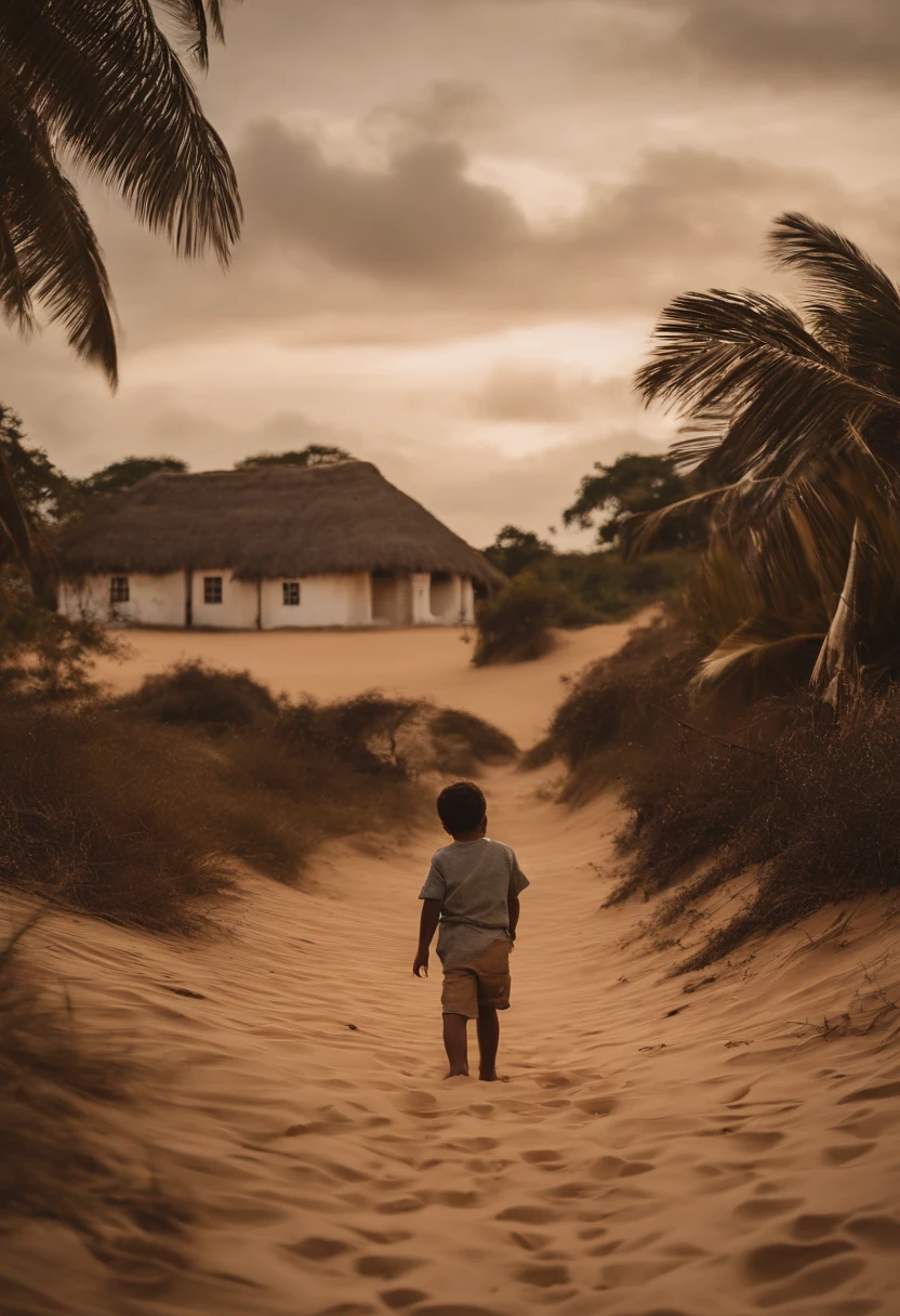 desenho infantil de menino com pele morena clara brincando na areia em frente uma casa antiga de barro. Modelo esperado de um filme parecido com judeus nos tempos antigos