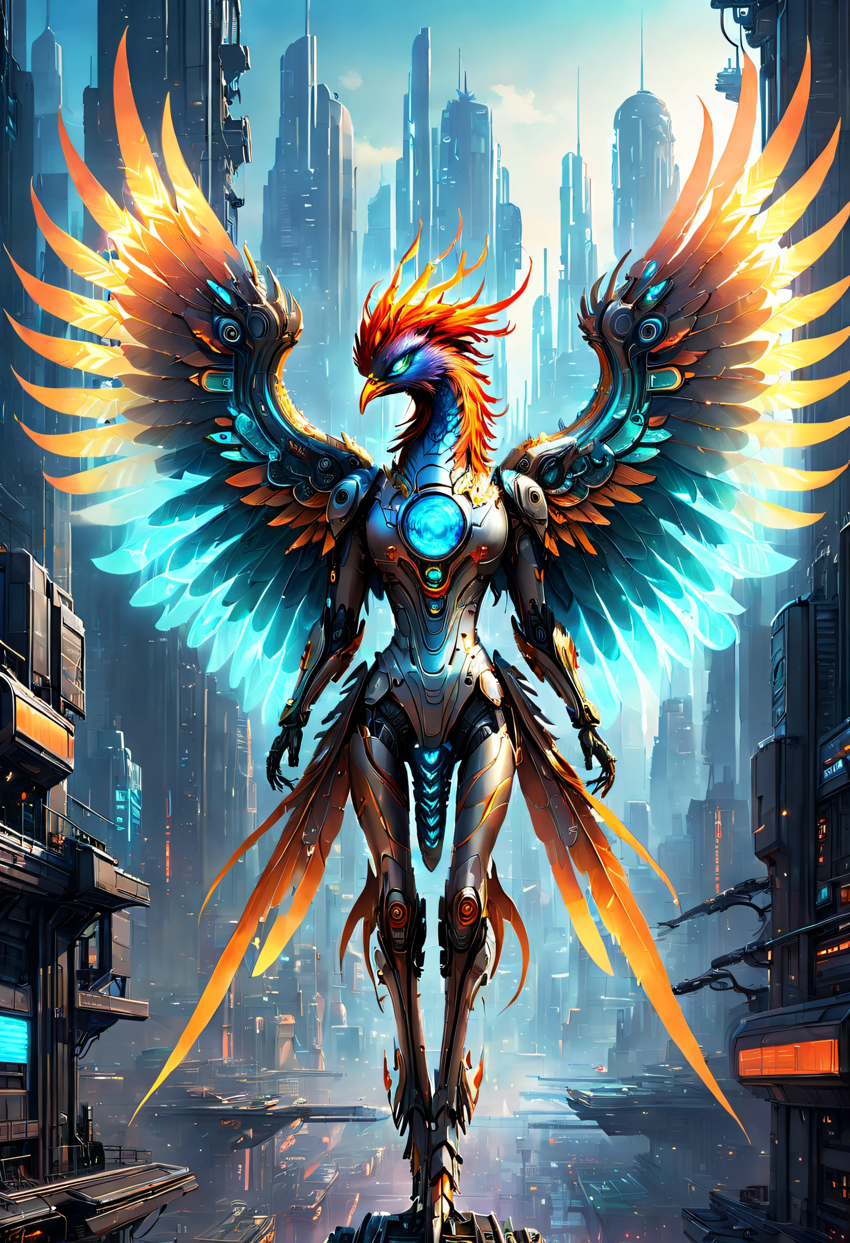 Translucent ethereal mechanical phoenix，Futuristic Phoenix，Mechanical wings，futuristic urban background，Beautiful sci-fi art, Science-fi digital art illustration, Digital cyberpunk art, science fiction digital painting, futuristic digital painting, futuristic concept art, in front of a sci fi cityscape, science fiction digital art, Advanced digital cyberpunk art, Fantastic cyberpunk phoenix