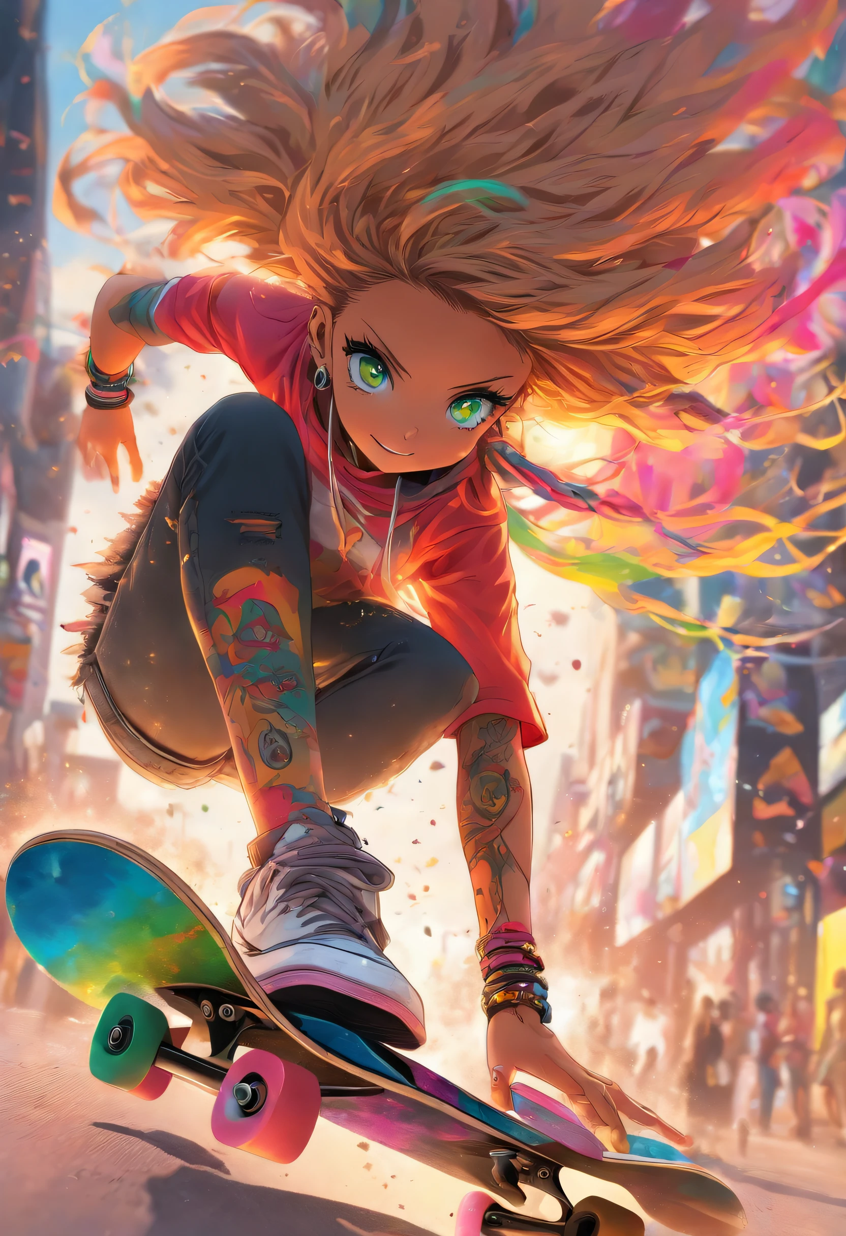 The most beautiful and sexiest skateboard girl, Regenbogenfarbenes Haar, gelbe Augen, Kapuzenpullover tragen, Grafik-T-Shirt, Ripped skinny jeans and highly detailed skateboarding gear, Tonnen von Tattoos und Piercings, Sehr detaillierter Hintergrund, Perfektes Meisterwerk, High quality, high resolution