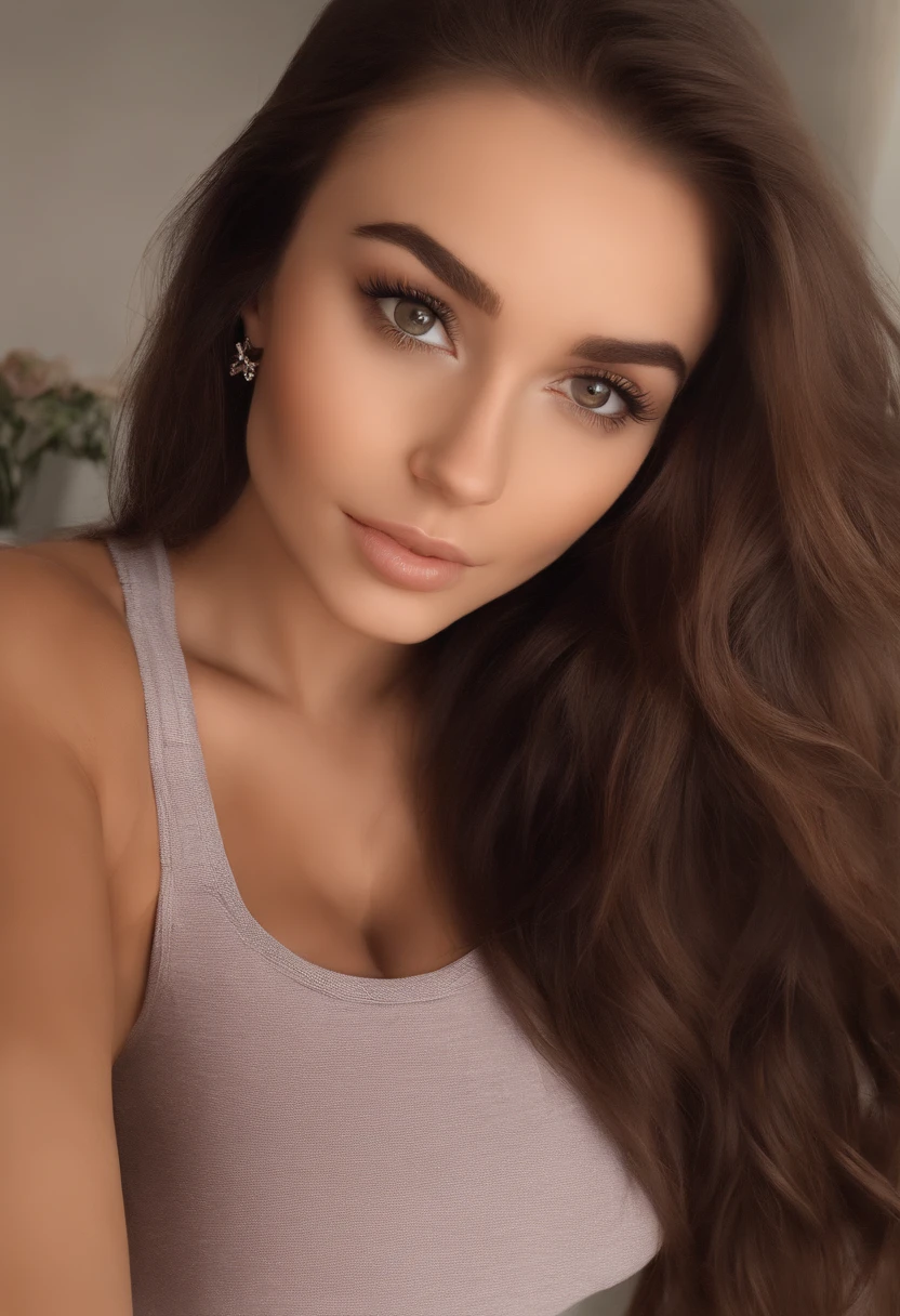 Arafed woman with matching tank top and leggings, sexy girl with brown eyes, Portrait Sophie Mudd, brown hair and big eyes, Selfie of a young woman, Bedroom eyes, Violet Myers, without makeup, natural makeup, turn to look at camera , Face with Artgram, Subtle Makeup, Stunning Full Body Photo, In Bedroom, Sexy Ass, Cute Butt