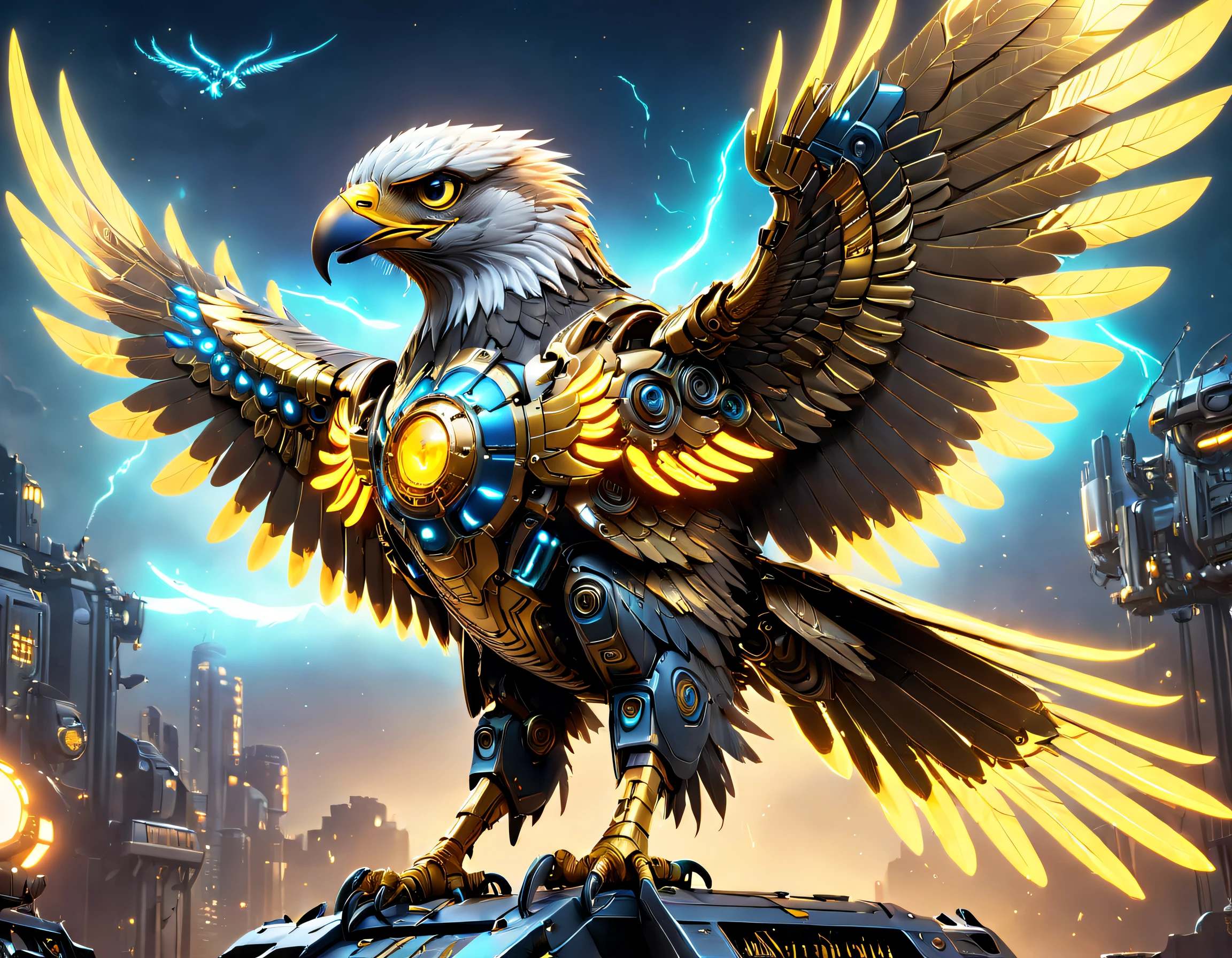 Futuristic mechanical eagle falcon,Image of a mechanical eagle falcon in Alfide,There are glowing golden wings, Eagle falcon in metal armor, dan munford. 8 k octane render, mech wings, dan munford. Maya rendering, Neon wings, dan munford. rendering by octane, sci fi epic digital art, heroes of the storm splash art, dan mumford tom bagshaw, high definition cgsociety