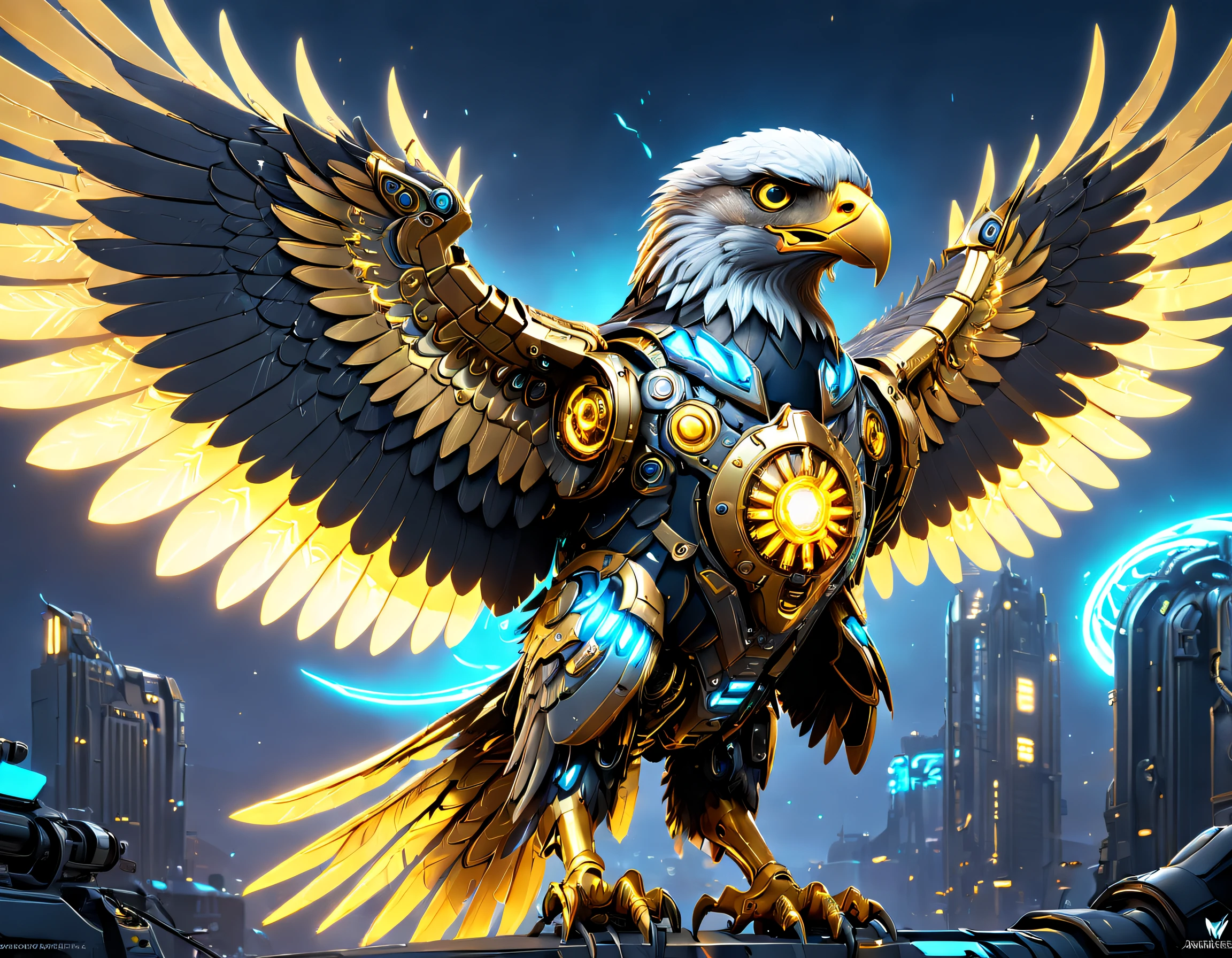 Futuristic mechanical eagle falcon,Image of a mechanical eagle falcon in Alfide,There are glowing golden wings, Eagle falcon in metal armor, dan munford. 8 k octane render, mech wings, dan munford. Maya rendering, Neon wings, dan munford. rendering by octane, sci fi epic digital art, heroes of the storm splash art, dan mumford tom bagshaw, high definition cgsociety