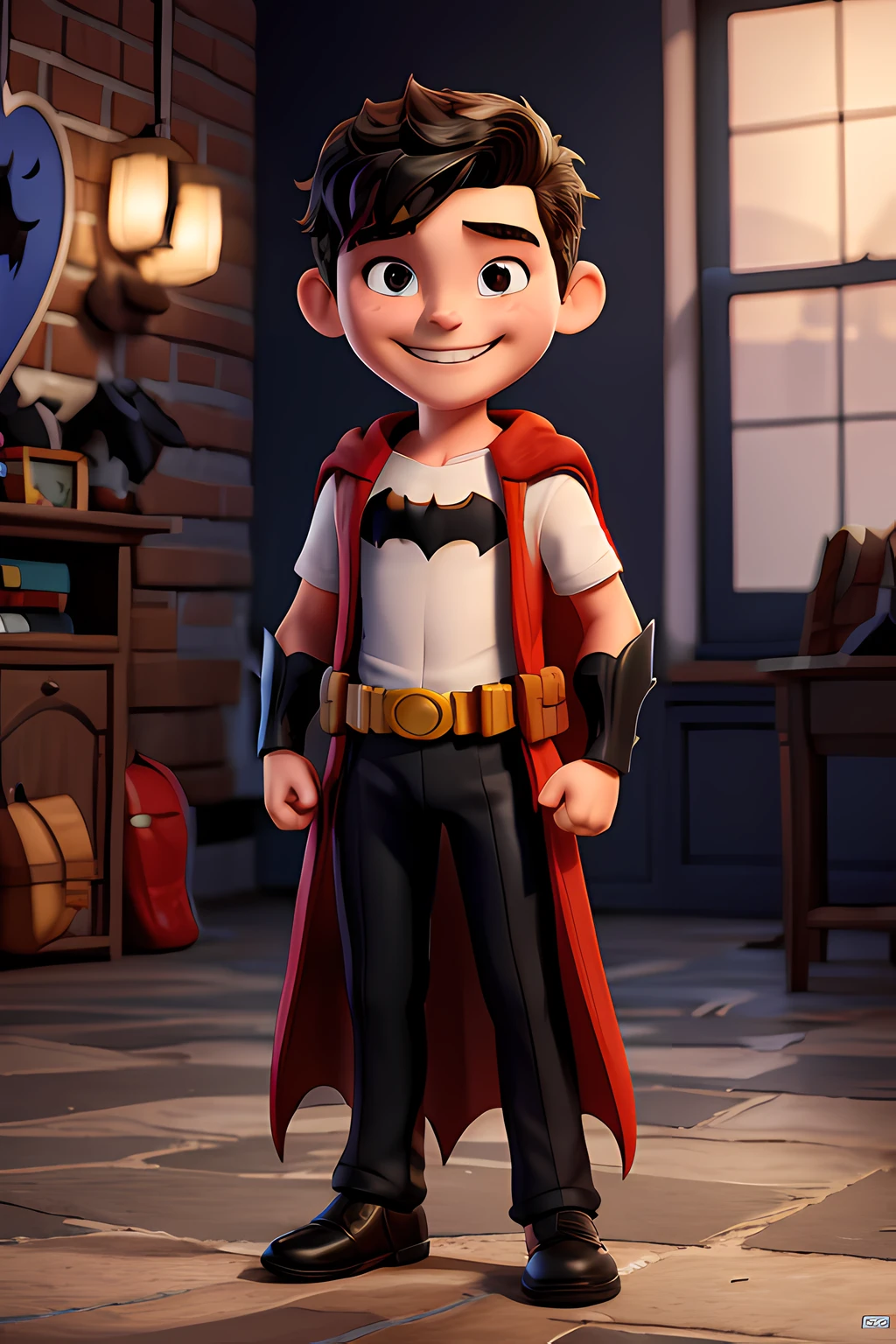 Batman, a 13-year-old boy standing full-length, smiling, hands on his sides, wearing a mask and red underpants with a heart pattern