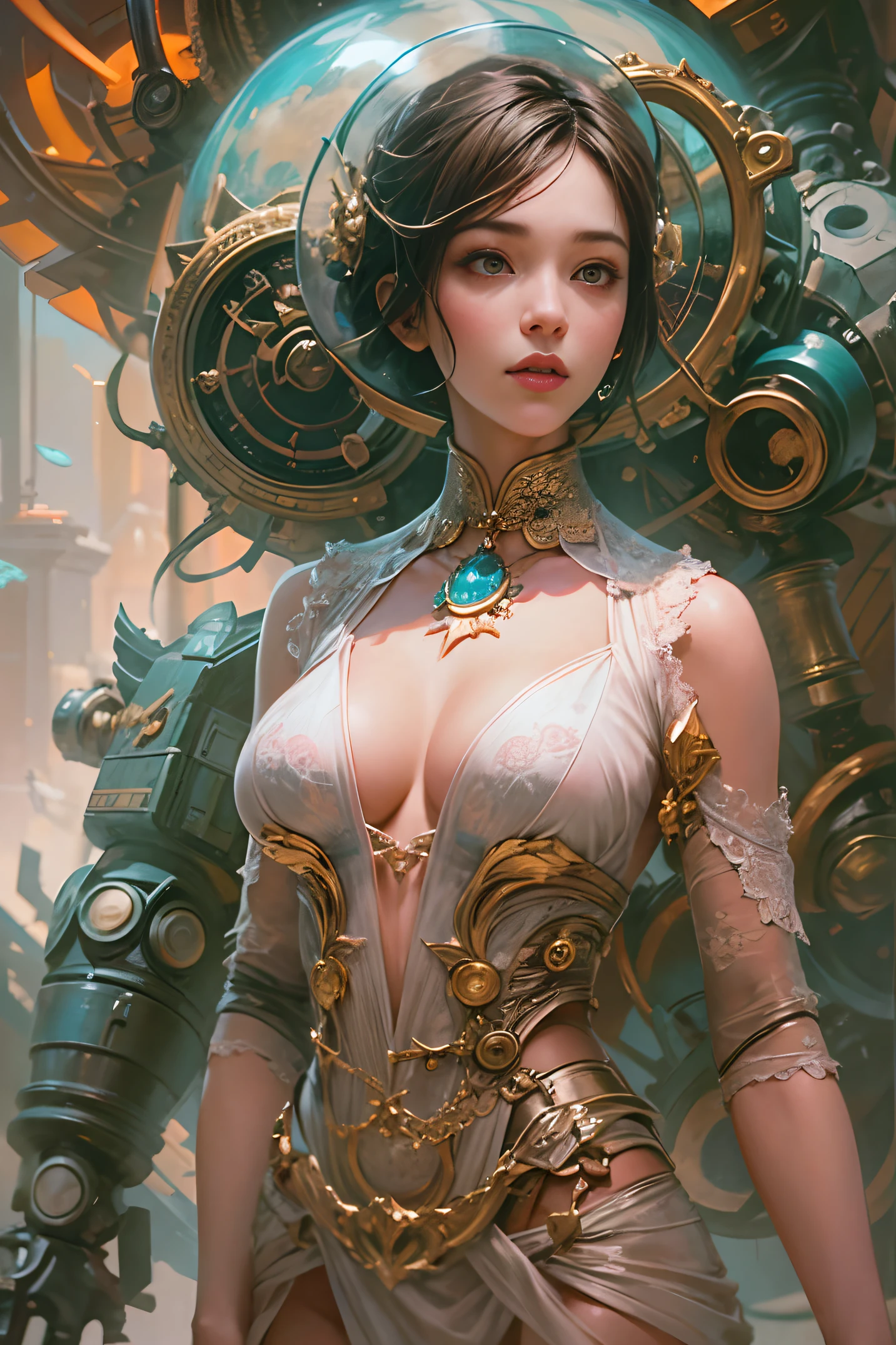A two beautiful korean woman is walking in love hand in hand with a retro-futuristic steampunk robot, oil paint, thick brush strokes, fantasy style, art, sketch, drawing, unreal engine, greg rutkowski, loish, rhads, beeple, makoto shinkai and lois van baarle, ilya kuvshinov, rossdraws, tom bagshaw, big breast,alphonse mucha, global illumination, detailed and intricate environment