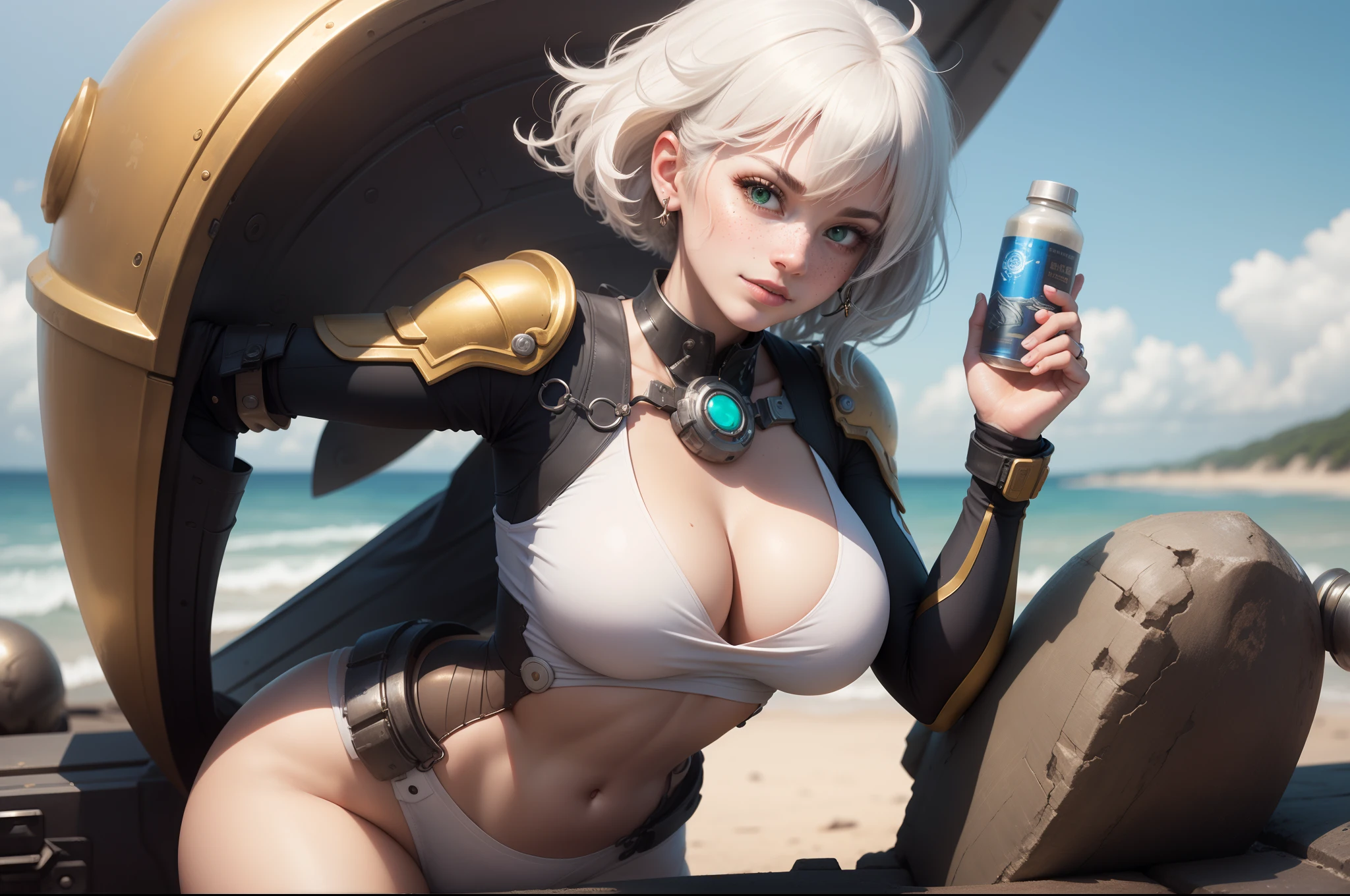 gwen tennyson,y'shtola rhul,tracer, 1girl,atelier ryza,overwatch,close up, mecha pilot,ocean view,tattoos,orange and silver plugsuit,white short sleeve lycra top,steel cargo pants,uncovered belly,short saiyan hair,cute makeup,green eyes,dimensional golden hair,shy smile,freckles,beautiful girl,large breasts,8k,ultra detailed,realistic,fantasy art,saiyan armor,cyborg armor,steel armor,harbor shore,military uniform,ear piercings,hair pin,super saiyan girl,saiyan female,