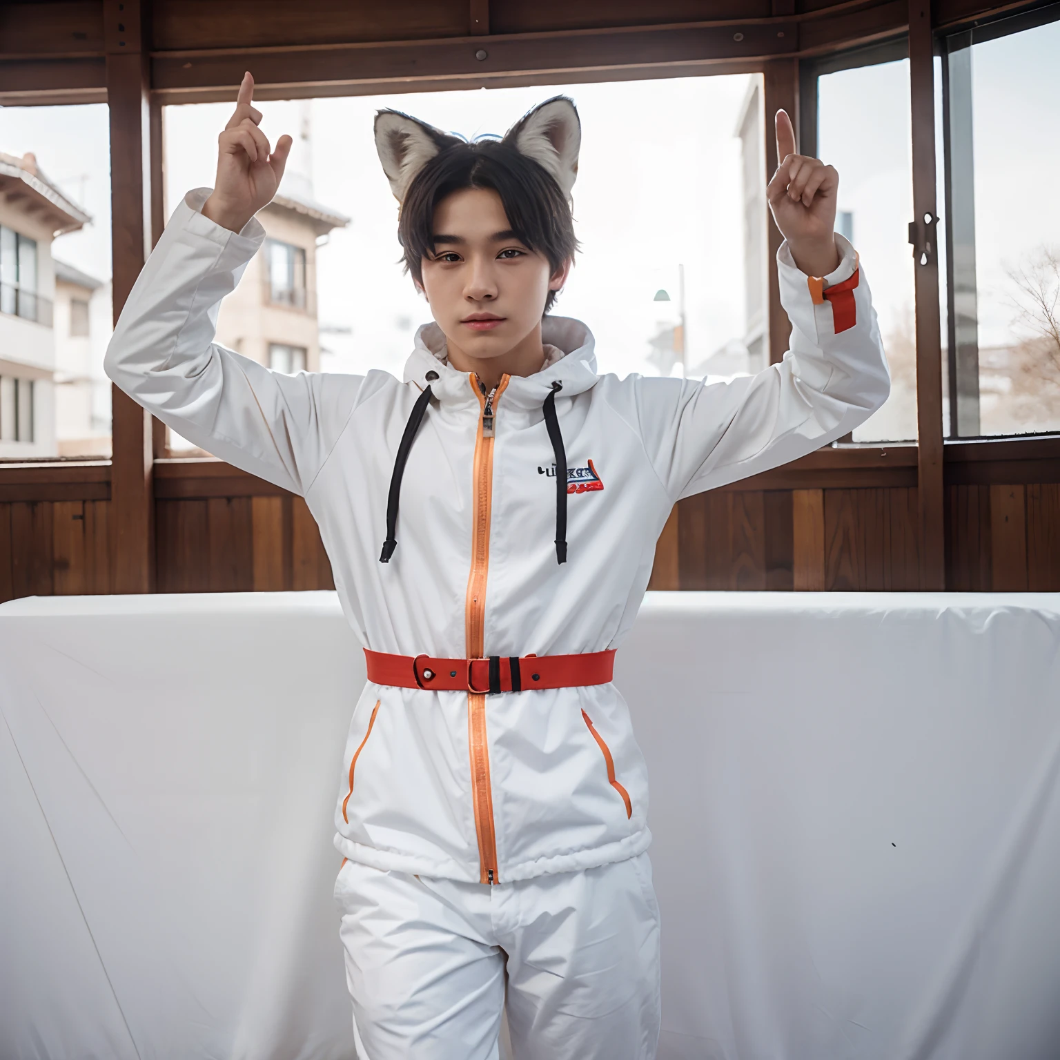 1boy, cute boy, absurdres, animal_ears, black_hair, detached_sleeves, distr, facial_mark, fox_ears, fox_tail, hand_up, Korean cute boy, white skin, pale skin, pure white skin, white pale skin, snowsuit, magic, multiple_tails, white_tails, orange_eyes, parted_lips, solo, standing, tail, full_body, perfect body, perfect face