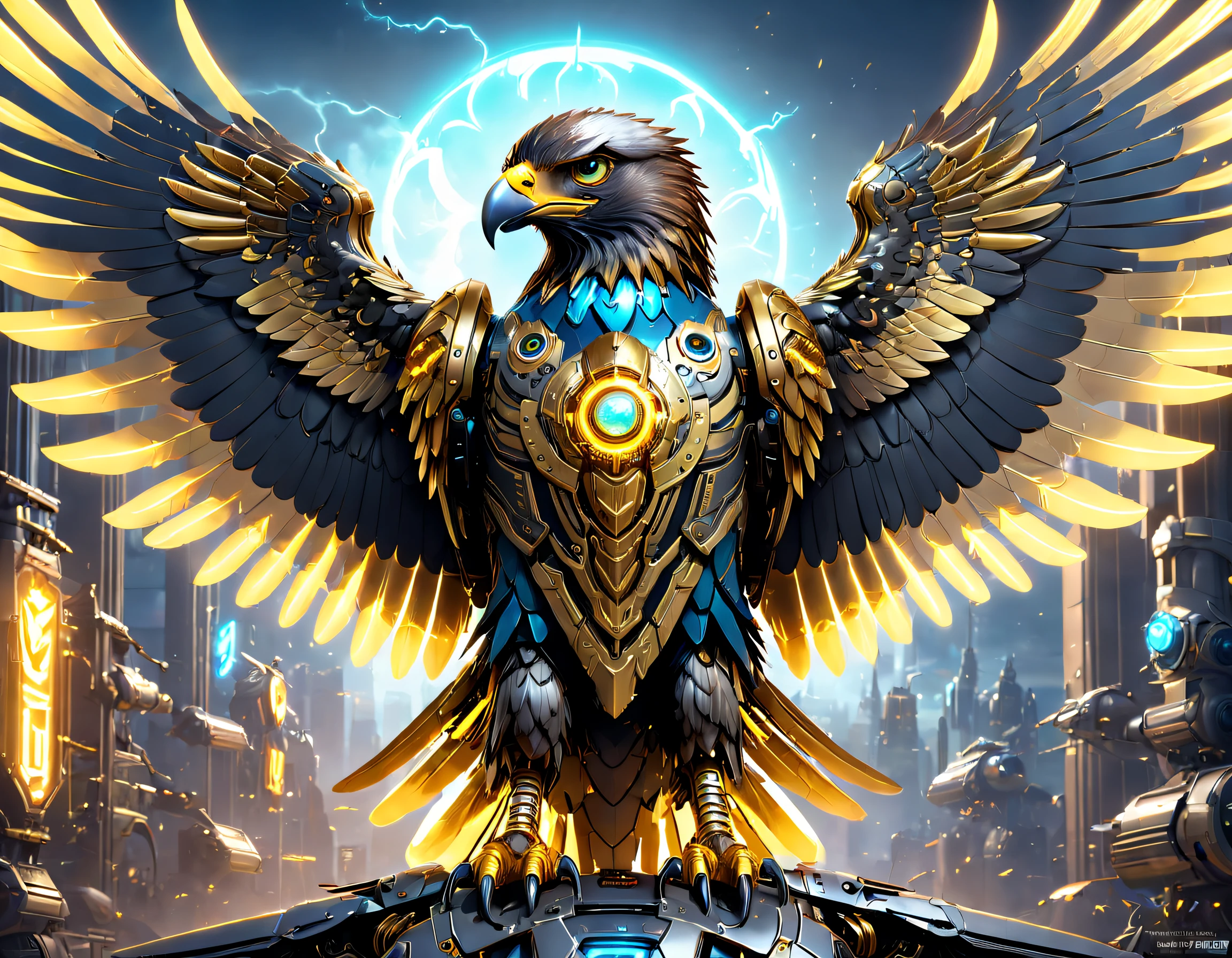 Futuristic mechanical eagle falcon,Image of a mechanical eagle falcon in Alfide,There are glowing golden wings, Eagle falcon in metal armor, dan munford. 8 k octane render, mech wings, dan munford. Maya rendering, Neon wings, dan munford. rendering by octane, sci fi epic digital art, heroes of the storm splash art, dan mumford tom bagshaw, high definition cgsociety