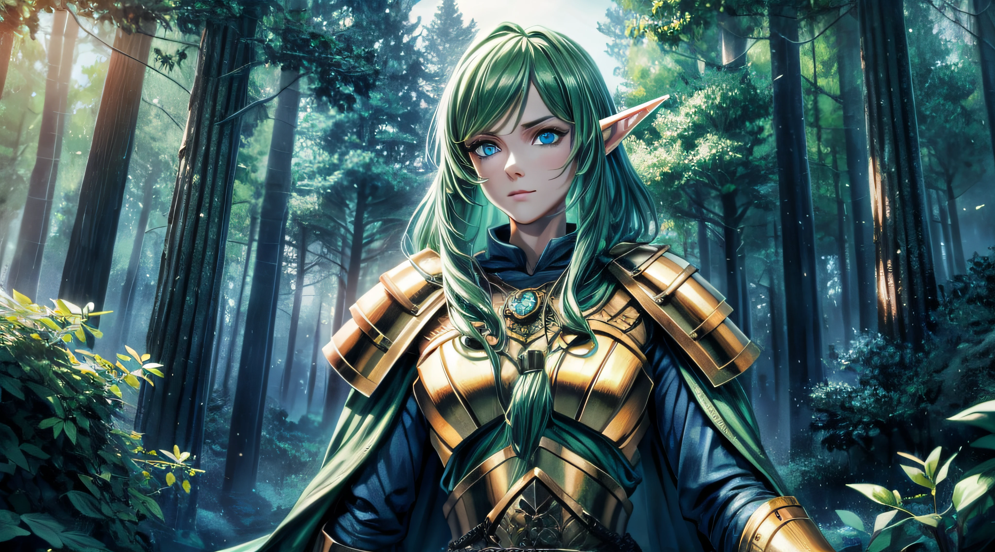 wood elf, armour made of wood, pretty face, nice body, green hair, blue eyes, in a forest, 8k, HD, UHD