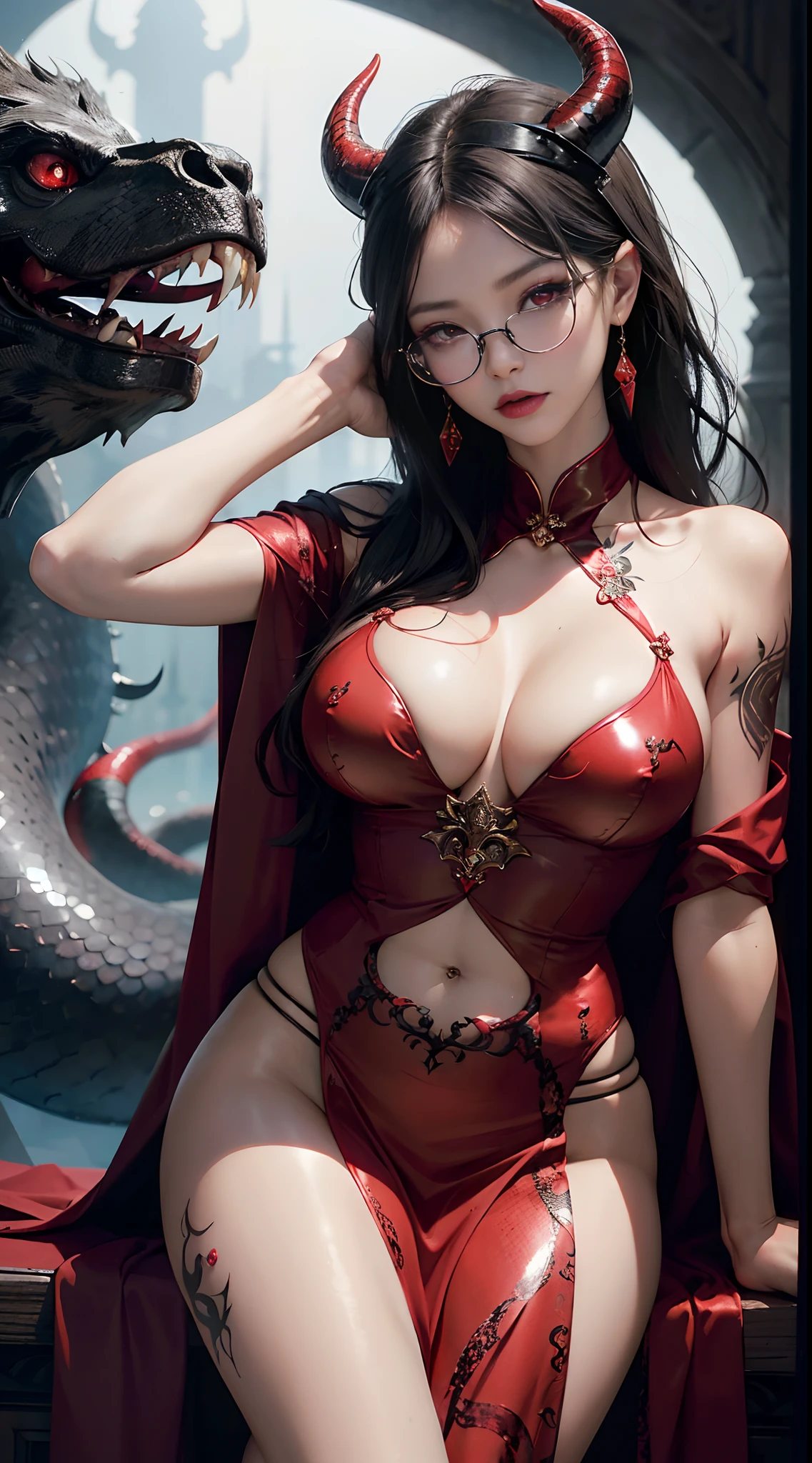 Fine、(The best illustrations)、8k UHD resolution、intricate-detail、top-quality、realisitic、ultra-detailliert、The best lighting、Best Shadows、Soft lighting、Ulutra HD、1 beautiful devil woman from hell, surreal female portraits by David Hockney and Alphonse Mucha, Portrait of a seductive woman by ordinary Chen Shufen、Fantasy Art, Chinese Doll、Dungeon and Dragon、Devil's Palace、Devil's Torture Chamber、magia、 A Necromancer、natta、Dark style、Succubus、Devil's Daughter、Bat Wings,(((Demon Horns)))、((((black-rimmed round glasses))))、(((Colossal tits)))、(Devil's Tail)、(red eyes glowing:1.6)、 intricate tattoos, demonic intricate tattoos, thigh tattoos, body tattoos, masterpiece、beautiful countenance、a 、Muscular seductive body、The enchanting body of the devil、Chinese actress、Seductive Black Magic Costume、(((A shiny red snake is wrapped around her body)))、Tindall Effect、photos realistic、(High Detail Skins:1.2)、 (Intricate details, makeup, pureerosface_v1:0.5), (Detailed beautiful delicate face, Detailed beautiful delicate eyes, A perfectly proportioned face, High detailed skin, Detailed skin, best ratio four finger and one thumb, arms below breasts, Tattoo with a red glow under the stomach、Awesome awesome, wide hips, smooth midriff, skiny and thin, __Fashion__, __hair__:1.25)、Digital SLR、hightquality、a picture、hight resolution、 absurderes、Ponytail distortion、女の子1人、Red sparkling gemstone necklace、jewely、Beautiful expression、Body Up、Large breasts emphasis、Toned waist、Wide buttocks、Devil's Tail、intricate tattoos, demonic intricate tattoos, thigh tattoos, body tattoos, effect、Photorealsitic、(High Detail Skins:1.2)、In the Dark, lowkey, cowboy lens, (Black Phoenix Dress: 1.0), Seductive Black Magic Costume、Long hair, Black hair, Bust, Devil's Palace, devil crown, red eyes make up very sharp and detailed, The most beautiful face, Super tight breasts, Breast augmentation surgery, The breasts are very big and round and round, Black magic costume、Super realistic , Charming smile,a baby face、 The eyes