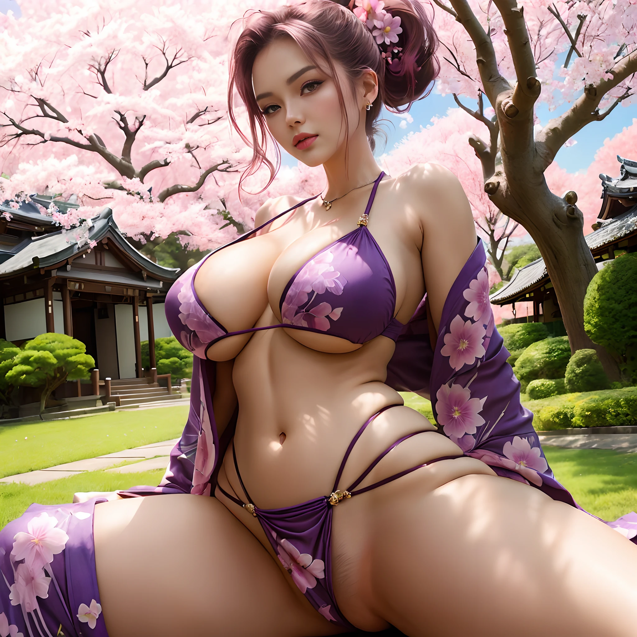 (beautifull lady with very gigantic breast, medium ponytail hair, spread legs near sakura tree) ,(detailed nipple pad), (braless), (detailed luxury purple summer kimono), (show cleaveage), (show underboobs) , (show sideboobs), (show thigh), (detailed hairpin), (very gigantict:1,9), beautifull sakura tree, detail sakura tree, detail flower field, detail flower background, beautifull face, pretty face, beautifull eyes, beautifull nose, sexy lips, beautifull nails, raytracing, nsfw, beautifull fingers, beautifull hands, sexy belly, sexy body, sexy shoulders, sexy legs, sexy hips, (luxury bracelet), (luxury ring), (luxury earring), (luxury necklace), black nails , blue eye, (4 fingers in 1 hand), white skin, full body picture, pretty makeup