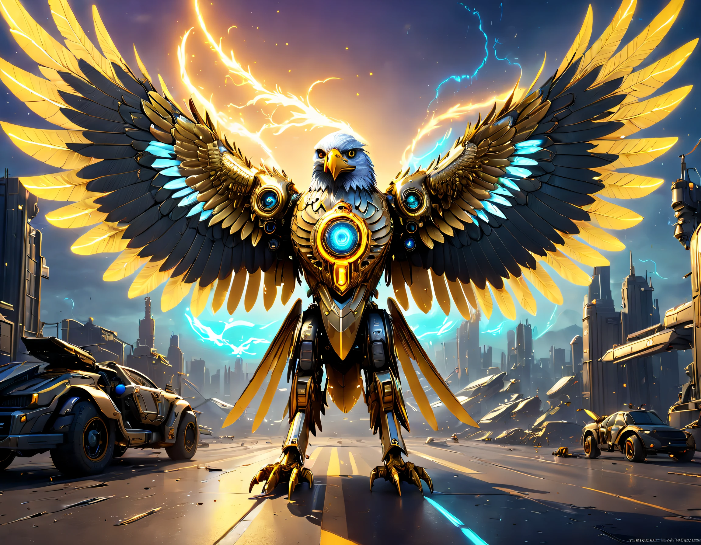Futuristic mechanical eagle falcon，Image of a mechanical eagle falcon in Alfide，There are glowing golden wings, Eagle falcon in metal armor, dan munford. 8 k octane render, mech wings, dan munford. Maya rendering, Neon wings, dan munford. rendering by octane, sci fi epic digital art, heroes of the storm splash art, dan mumford tom bagshaw, high definition cgsociety