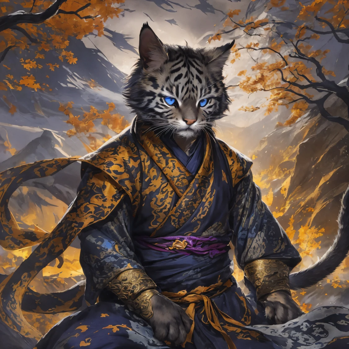 Phantom Cat 32K,Phoenix Immortal Demon Realm, Chance encounter with Liu Hanshu, He saw in him his former self, It was decided to take him as an apprentice, Teach him how to protect himself, But because of the Tibetan star map, Phoenix and the Liu family、The Jade Sword Sect establishes relationships, It opens with the death of Liu Hanshu, Qin Yu embarked on the road of confrontation with a strong enemy, Working hard, Make yourself stronger, Stick to your own core path of justice, (Nether Spirit Cat)eyes filled with angry,The Nether Spirit Cat clenched its fists,Rush up,Deliver a fatal blow to your opponent,full bodyesbian,Full Body Phantom Cat Male Mage 32K(Masterpiece Canyon Ultra HD)v(canyons)Climb the streets, The scene of the explosion(canyons), (Night), The Night Tiger Demon's angry fighting stance, looking at the ground, Batik linen bandana, Chinese python pattern long-sleeved garment, canyons(Abstract propylene splash:1.2), Dark clouds lightning background,Phantom cat(realisticlying:1.4),Black color hair,Fallen leaves flutter,rainbow background, A high resolution, the detail, RAW photogr, Sharp Re, Nikon D850 Film Stock Photo by Jefferies Lee 4 Kodak Portra 400 Camera F1.6 shots, Rich colors, ultra-realistic vivid textures, Dramatic lighting, Unreal Engine Art Station Trend, cinestir 800,Flowing black hair,(((Jungle Canyon)))The wounded lined up in the streets(vale)Climb the streets,Movie master real-time image quality(tmasterpiece,k hd,hyper HD,32K)Nether Spirit Cat(Linen batik scarf), Combat posture, looking at the ground, Linen bandana, Chinese night tiger pattern long-sleeved clothing,Night Tiger Demon(Abstract gouache splash:1.2), Dark clouds lightning background,sprinkling