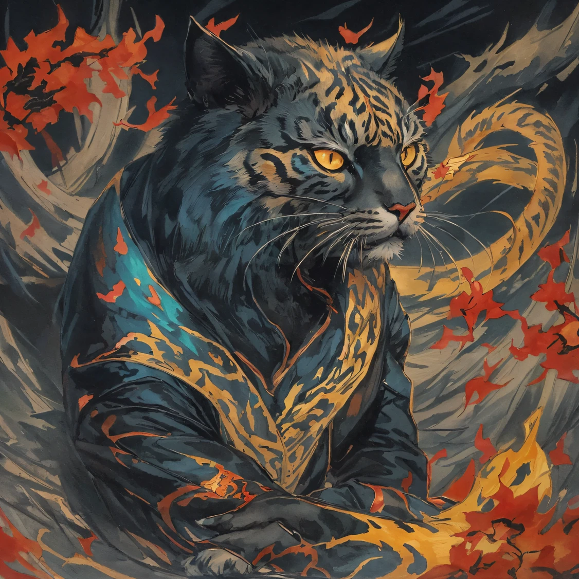 Phantom Cat 32K,Phoenix Immortal Demon Realm, Chance encounter with Liu Hanshu, He saw in him his former self, It was decided to take him as an apprentice, Teach him how to protect himself, But because of the Tibetan star map, Phoenix and the Liu family、The Jade Sword Sect establishes relationships, It opens with the death of Liu Hanshu, Qin Yu embarked on the road of confrontation with a strong enemy, Working hard, Make yourself stronger, Stick to your own core path of justice, (Nether Spirit Cat)eyes filled with angry,The Nether Spirit Cat clenched its fists,Rush up,Deliver a fatal blow to your opponent,full bodyesbian,Full Body Phantom Cat Male Mage 32K(Masterpiece Canyon Ultra HD)v(canyons)Climb the streets, The scene of the explosion(canyons), (Night), The Night Tiger Demon's angry fighting stance, looking at the ground, Batik linen bandana, Chinese python pattern long-sleeved garment, canyons(Abstract propylene splash:1.2), Dark clouds lightning background,Phantom cat(realisticlying:1.4),Black color hair,Fallen leaves flutter,rainbow background, A high resolution, the detail, RAW photogr, Sharp Re, Nikon D850 Film Stock Photo by Jefferies Lee 4 Kodak Portra 400 Camera F1.6 shots, Rich colors, ultra-realistic vivid textures, Dramatic lighting, Unreal Engine Art Station Trend, cinestir 800,Flowing black hair,(((Jungle Canyon)))The wounded lined up in the streets(vale)Climb the streets,Movie master real-time image quality(tmasterpiece,k hd,hyper HD,32K)Nether Spirit Cat(Linen batik scarf), Combat posture, looking at the ground, Linen bandana, Chinese night tiger pattern long-sleeved clothing,Night Tiger Demon(Abstract gouache splash:1.2), Dark clouds lightning background,sprinkling