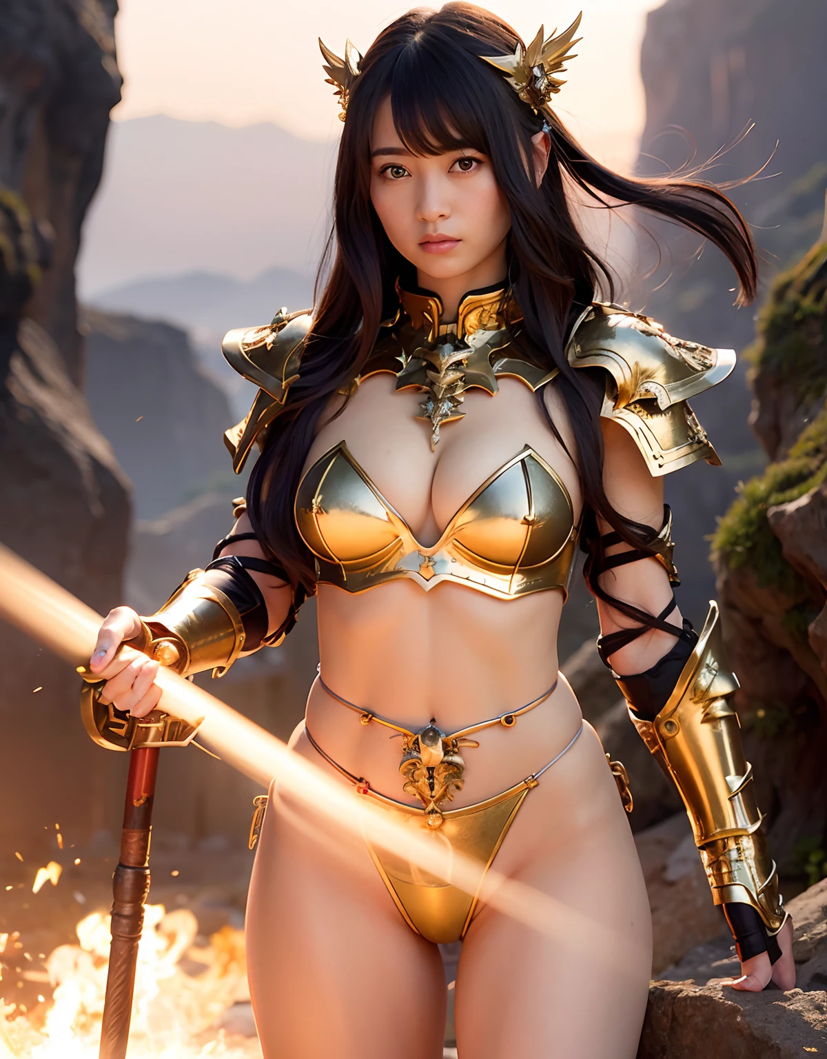 Professional , masterpiece、top-quality、photos realistic , 、top-quality、超A high resolution、(Photorealsitic:1.4)、Raw photo、depth of fields (Gemstone Gold Metal Body:1.9),(Matte White、Toostock、heavy breasts、(cleavage of the breast)、(((Micro Bikini Armor))),(Detailed Dragon Armor)、(Have the strongest weapon)、((Random Hairstyles 1.6),Dark Fantasy,)explosions、intense fighting、(Precipitous cliffs),Dragon Gold Weapon,Mystical expression、Particles of light、Fight dragons、(Detailed Dragon Helmet),Gorgeous Silver Weapons ,(( Dragon's dense and gorgeous sword)) , Beautiful knife ,warhammer 40k ,Detail and gorgeous tiaras、((Blue hair))、(Castle background)、、((Gangle's forest background))、Beautiful Caucasian beauty、1a person、dynamic ungle,(((With detailed shielding)))、Smaller head、A smile、Castle background、Thin and beautiful female hands、cleavage of the breast、Soldier in iron armor on background、Mystical expression、Light Effects、intense fighting、Wind-effect、magic circles、With the legendary magic wand、(demonic wings)、Toostock、