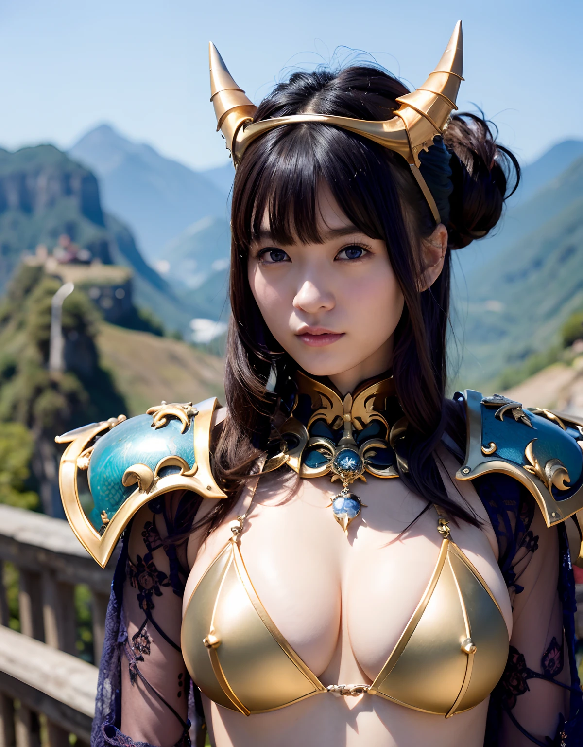 Professional , ​masterpiece、top-quality、photos realistic , 、top-quality、超A high resolution、(Photorealsitic:1.4)、Raw photo、depth of fields （Gemstone Gold Metal Body:1.9),(Matte White、Toostock、heavy breasts、（cleavage of the breast）、(((Micro Bikini Armor))),（Detailed Dragon Armor）、（Have the strongest weapon）、（(Random Hairstyles 1.6),Dark Fantasy,）explosions、intense fighting、（Precipitous cliffs),Dragon Gold Weapon,Mystical expression、Particles of light、Fight dragons、（Detailed Dragon Helmet),Gorgeous Silver Weapons ,（（ Dragon's dense and gorgeous sword）） , Beautiful knife   ,warhammer 40k ,Detail and gorgeous tiaras、（（Blue hair））、（Castle background）、、（（Gangle's forest background））、Beautiful Caucasian beauty、１a person、dynamic ungle,(((With detailed shielding)))、Smaller head、A smile、Castle background、Thin and beautiful female hands、cleavage of the breast、Soldier in iron armor on background、Mystical expression、Light Effects、intense fighting、Wind-effect、magic circles、With the legendary magic wand、（demonic wings）、Toostock、