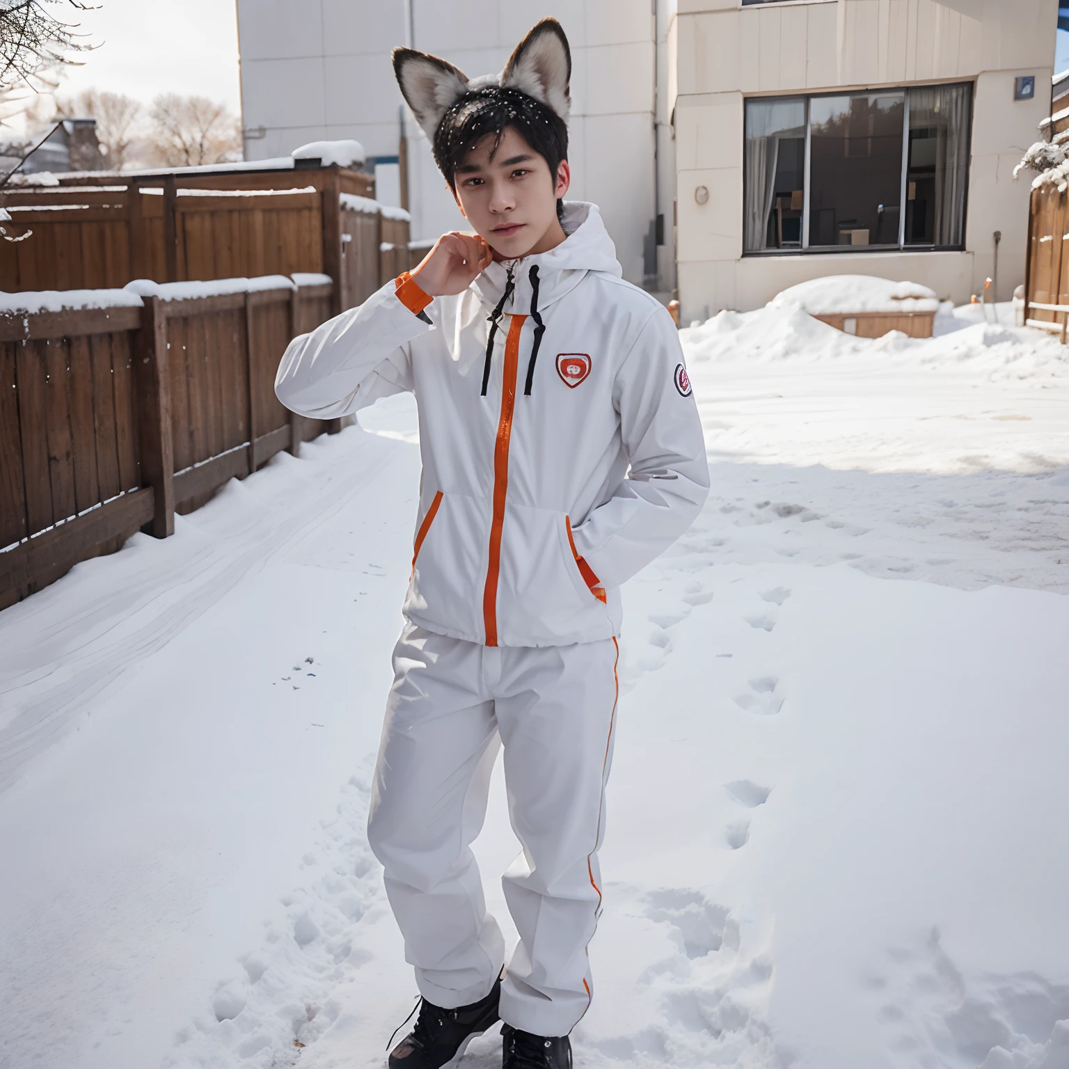 1boy, teen boy, cute boy, absurdres, animal_ears, black_hair, detached_sleeves, distr, facial_mark, fox_ears, fox_tail, hand_up, Korean cute boy, white skin, pale skin, pure white skin, white pale skin, snowsuit, magic, multiple_tails, white_tails, orange_eyes, parted_lips, solo, standing, tail, full_body, perfect body, perfect face