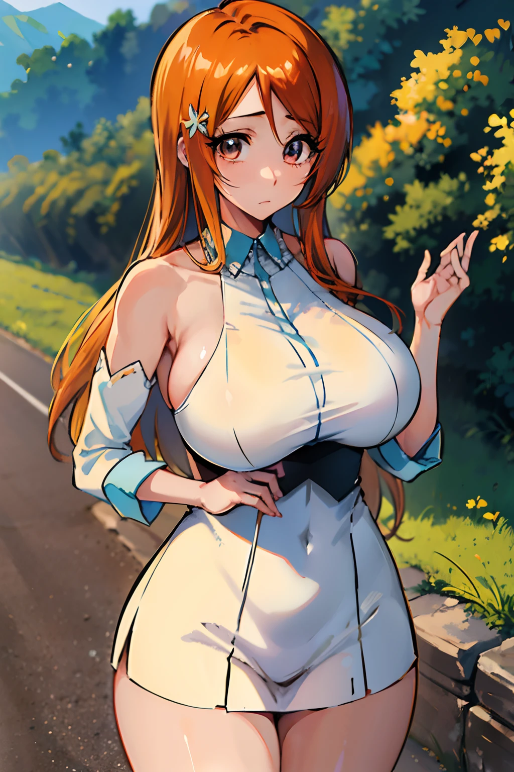 (Best Quality:1.2), Cowboy Shot, 独奏, 1girl in, inoue orihime, huge-breasted, valley, thighs thighs thighs thighs, babydoll, Beautiful, hight resolution, ultrasharp, 8K, masutepiece