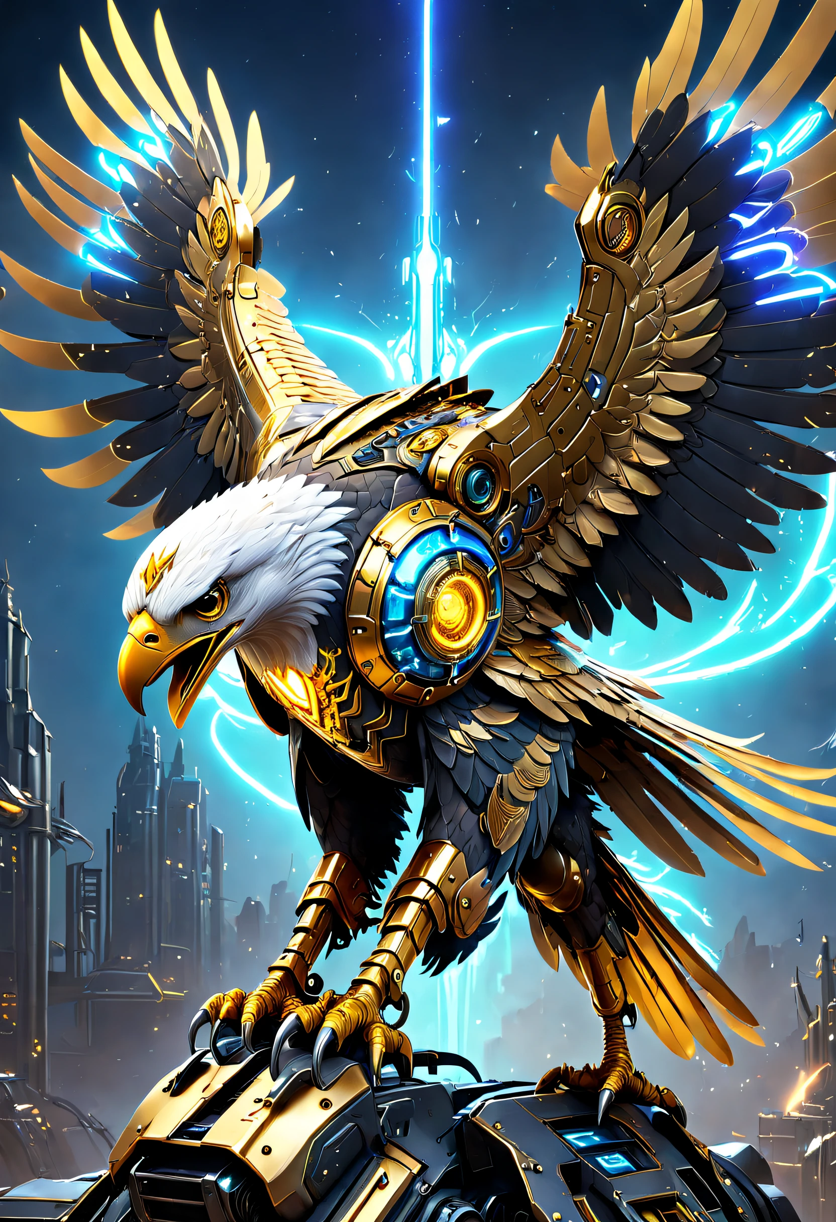 Futuristic mechanical eagle falcon,Image of a mechanical eagle falcon in Alfide,There are glowing golden wings, Eagle falcon in metal armor, dan munford. 8 k octane render, mech wings, dan munford. Maya rendering, Neon wings, dan munford. rendering by octane, sci fi epic digital art, heroes of the storm splash art, dan mumford tom bagshaw, high definition cgsociety