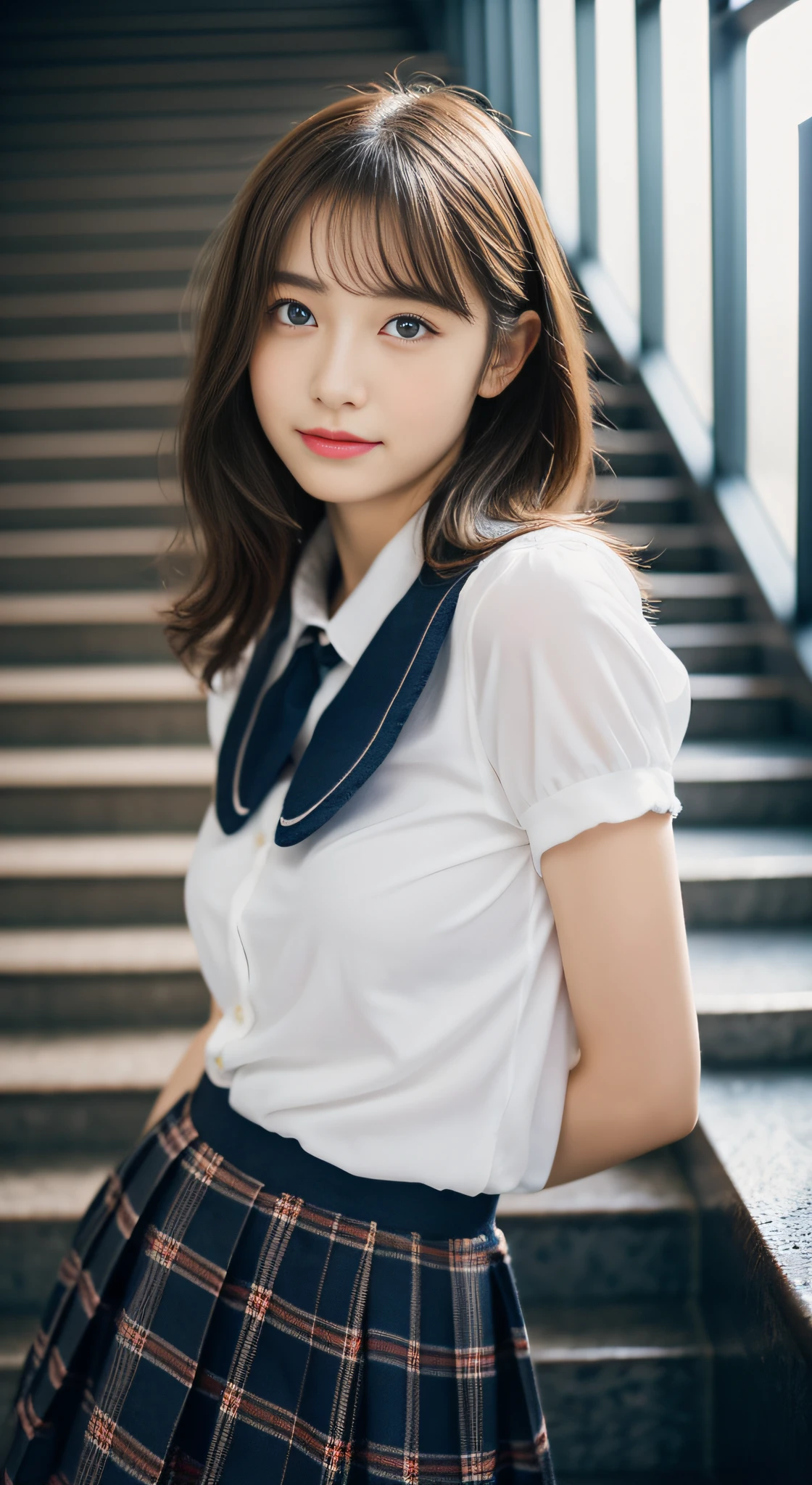 (32k,high detal,high-detail、masterpiece,Attention to detail,full body Esbian,独奏:1.6),Raw photo & realistic atmosphere,beautiful dark blue eyes,Detailed mouth,Glossy lips,Detailed eyebrows,Soft white skin that shines with every detail,Eyes drawn in detail、azure eyes,Very beautiful eyes,Detailed lips、Very beautiful face,Very well-formed face、Lifelike face,shiny beautiful lips, Realistic Young Gravure Idol, very beautiful school girl, ,Moderately beautiful, Young Sensual Gravure Idol, Young Gravure Idol, Beautiful, Cute and sexy16 schoolgirl,Wet,with a flushed face,Incredibly beautiful1Girls aged 6,short-cut,Curly hair,Brown shiny hair,(Climb the stairs of the station,Climb the stairs with, You can see your panties on camera,Beautiful 16 year e red panties visible:1.7),(Loosely dressed black schoolgirl uniform:1.6),(Sexy body,well-shaped breasts, I'm anxious and about to cry,Moist eyes:1.5),(Pay attention to the buttocks and thighs on the back,Close up from below,Climbing stairs with your camera,taken from the under,Holding the skirt with your hands,Visible.,Climb the stairs with an eye on the future:1.8)