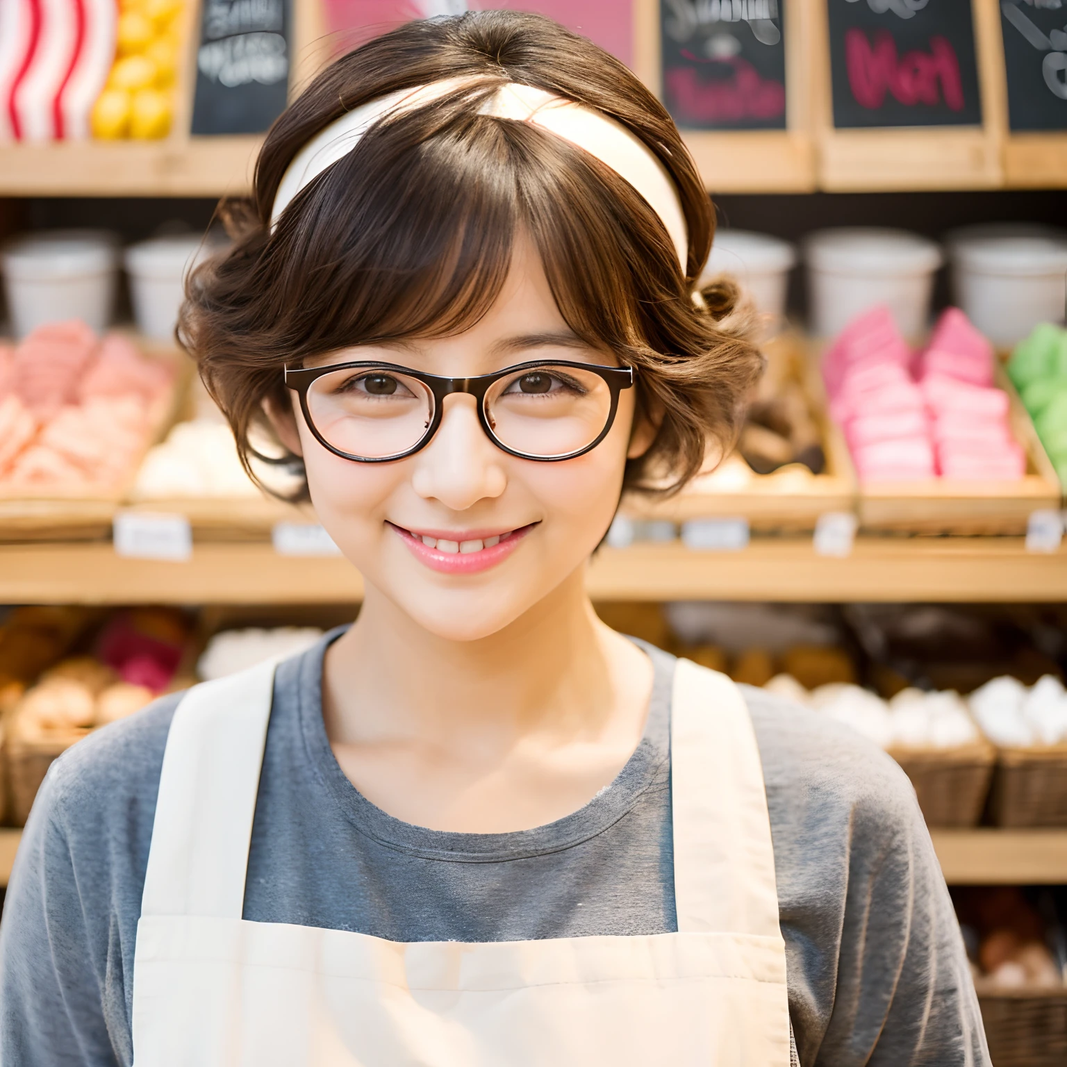 Gentle,age 30s,Candy store,Beautie,cute little,skin color is white,Brown eyes,Cheerful smile,mamma,Wearing a natural hair band,Apron,Healthy,short-cut,Glasses with larger lenses,