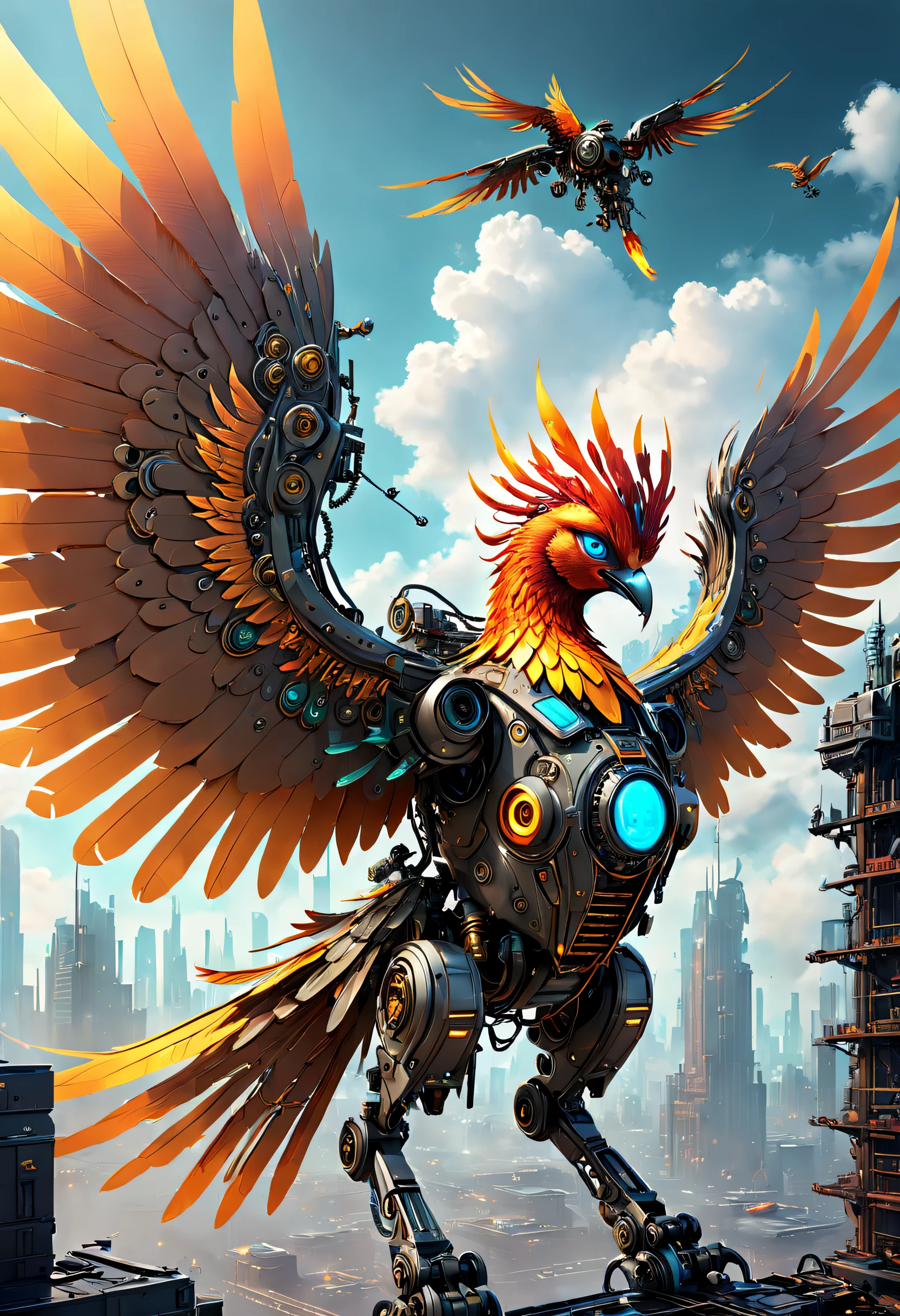 There are mechanical phoenixes flying in the clouds, Robotic birds, Mechanical birds, Future Machine Phoenix, Mechanical Phoenix, bionic scifi alexandre ferra, 3 d render beeple, Stylized urban fantasy artwork, Mechanical wings, the solarpunk phoenix, Phoenix F CG Association, digital steampunk art, ultra detailed Digital art,((best qualtiy)), ((tmasterpiece)), (high detal:1.3).。.3D,(cyber punk perssonage:1.2) special ops, robbot,(Mechanicalweapon:1.1), Mechanical Phoenix, raincoat, number (disguise: 1.3),Symmetrical epic fantasy art, hdr(HighDynamicRange
