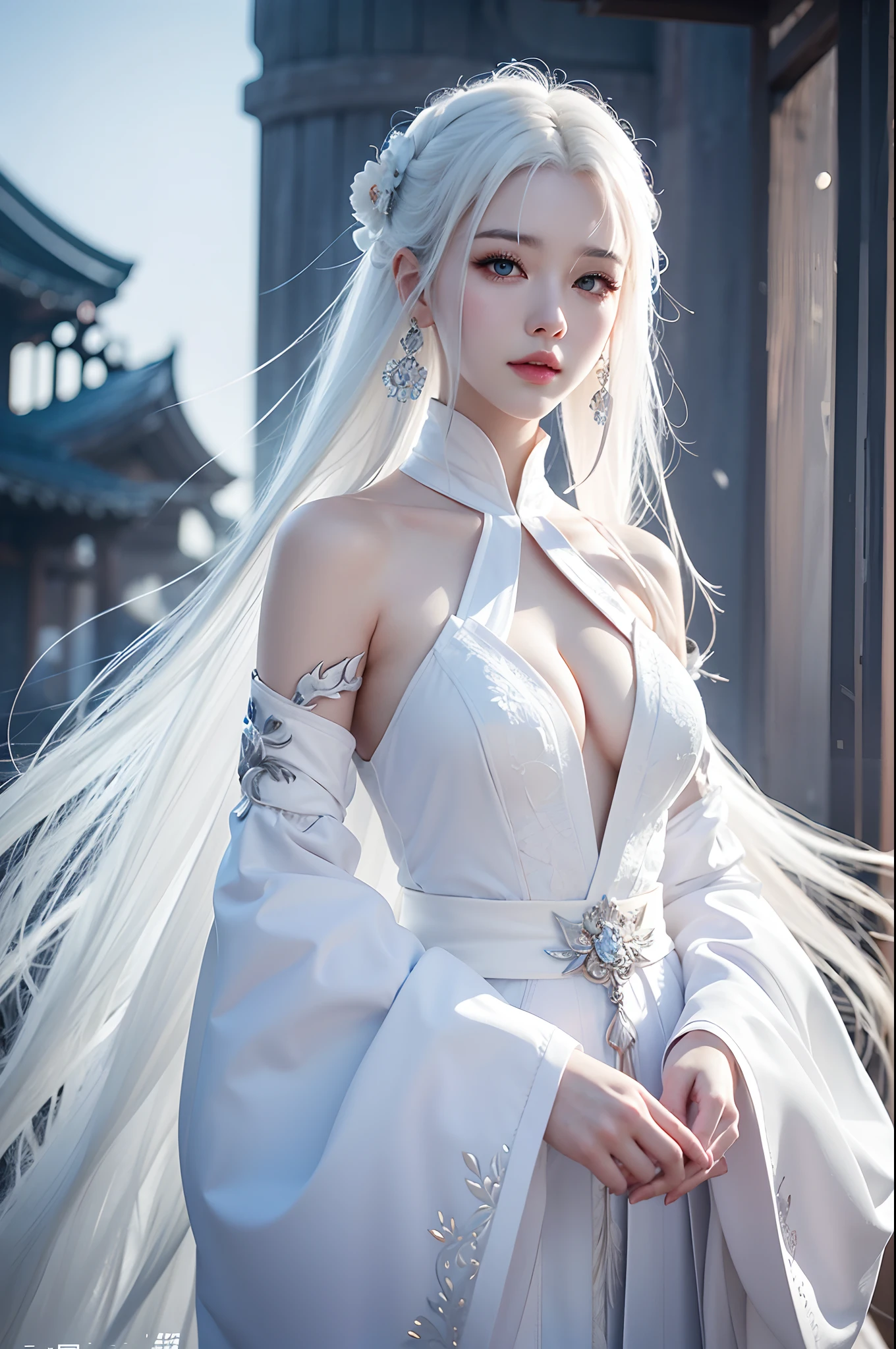 a woman with white hair and wear white mask, beautiful character painting, guweiz, artwork in the style of guweiz, white haired deity, by Yang J, epic exquisite character art, stunning character art, by Fan Qi, by Wuzhun Shifan, guweiz on pixiv artstation,((all upper body)), (white mask)