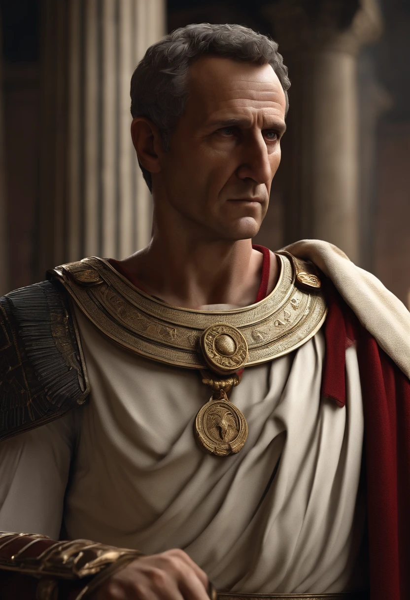 Realistic 3D portrait of Julius Caesar looking straight into the camera, showcasing his imposing stature and determined expression. Be sure to capture the details of his Roman toga and insightful gaze. The scene should evoke the power and authority of the Roman Empire and the opulence of the character