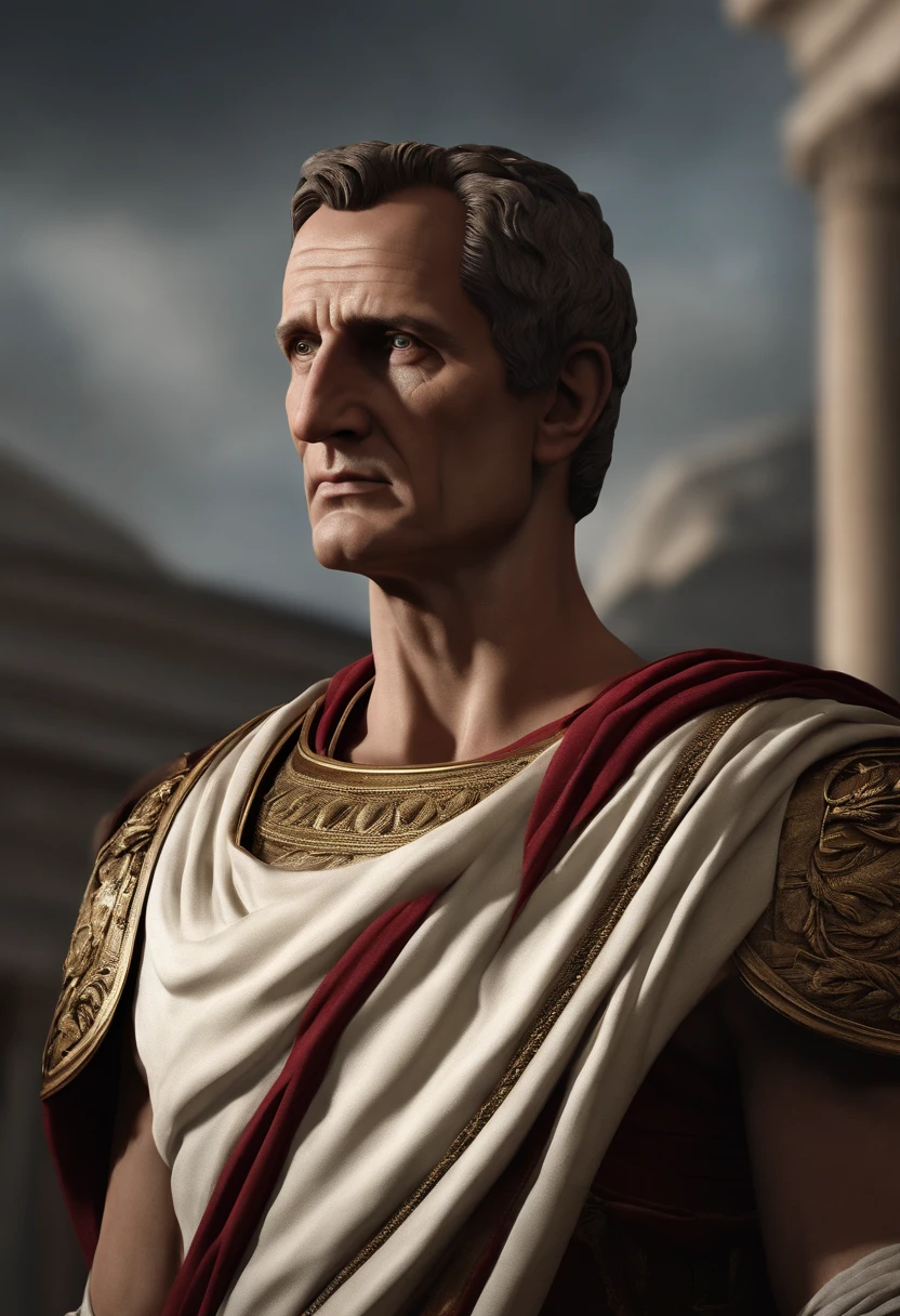 Realistic 3D portrait of Julius Caesar looking straight into the camera, showcasing his imposing stature and determined expression. Be sure to capture the details of his Roman toga and insightful gaze. The scene should evoke the power and authority of the Roman Empire and the opulence of the character
