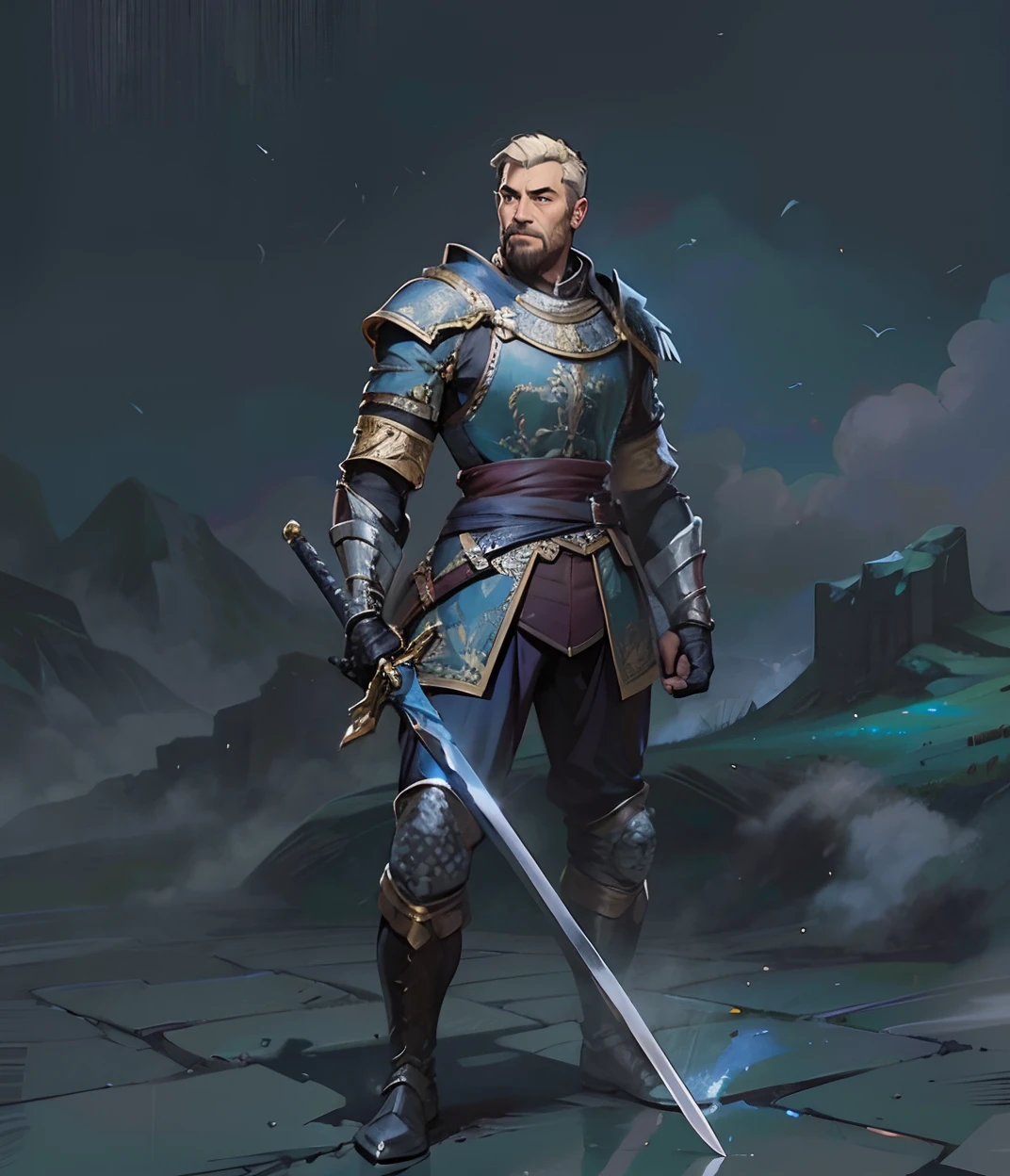 cavaleiro, with sword in hand, Classic painting style, sem barba