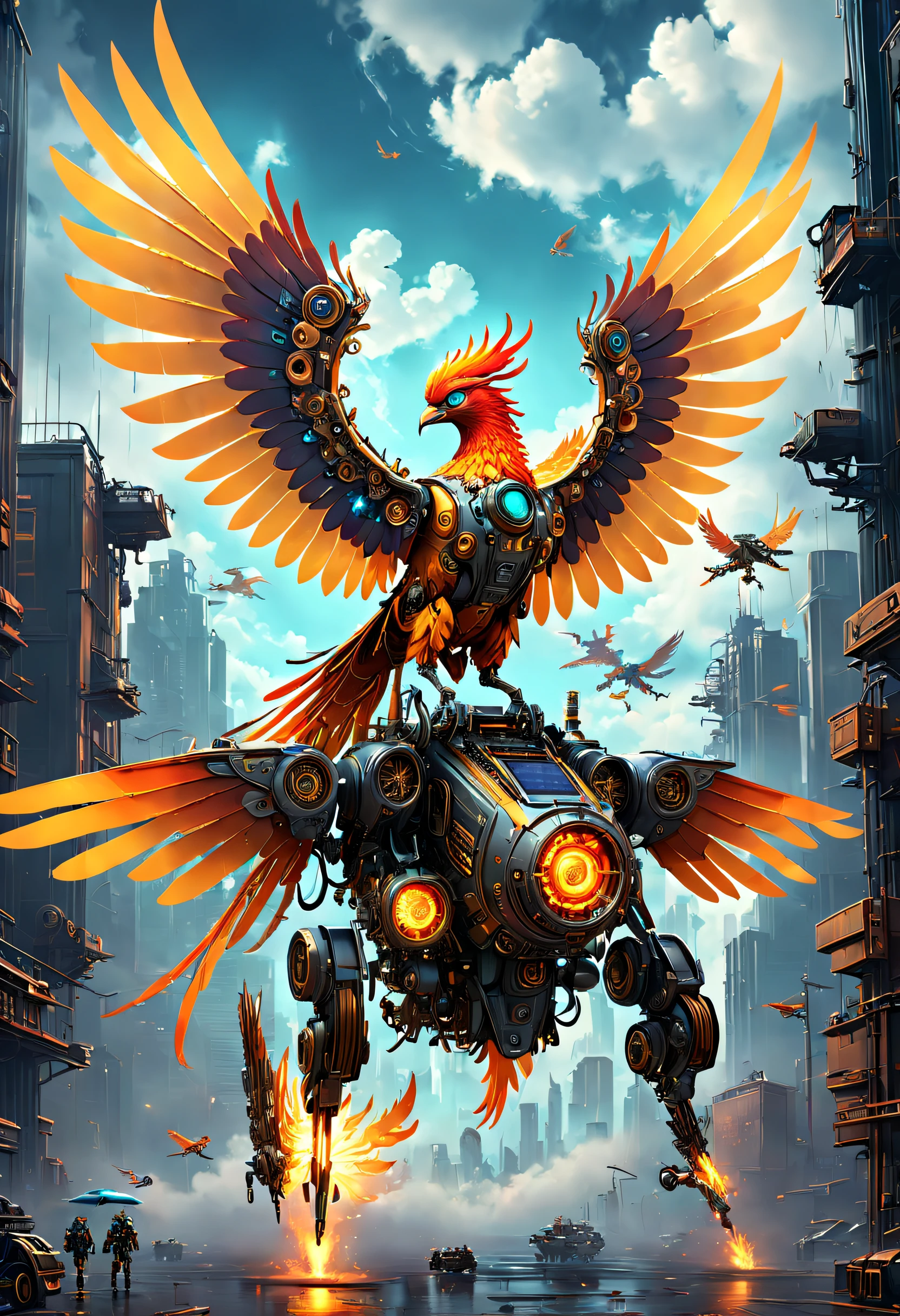 There are mechanical phoenixes flying in the clouds, Robotic birds, Mechanical birds, Future Machine Phoenix, Mechanical Phoenix, bionic scifi alexandre ferra, 3 d render beeple, Stylized urban fantasy artwork, Mechanical wings, the solarpunk phoenix, Phoenix F CG Association, digital steampunk art, ultra detailed Digital art,((best qualtiy)), ((tmasterpiece)), (high detal:1.3).。.3D,(cyber punk perssonage:1.2) special ops, robbot,(Mechanicalweapon:1.1), Mechanical Phoenix, raincoat, number (disguise: 1.3),Symmetrical epic fantasy art, hdr(HighDynamicRange