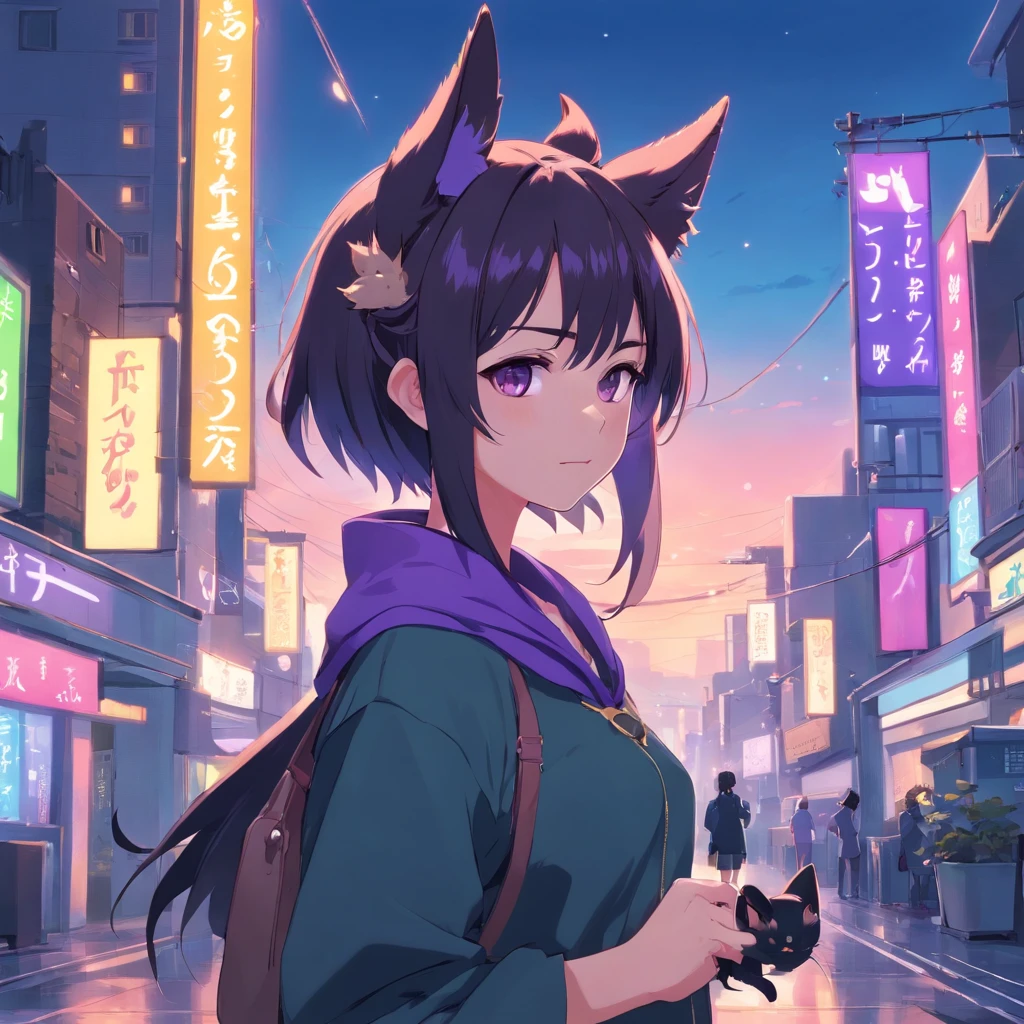 anime black+purpleish abit haired girl with cat tails, elf ears and aesthetic horns, fully cute clothed