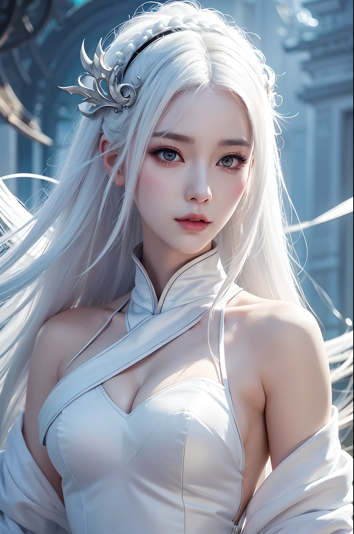 a woman with white hair and wear white mask, beautiful character painting, guweiz, artwork in the style of guweiz, white haired deity, by Yang J, epic exquisite character art, stunning character art, by Fan Qi, by Wuzhun Shifan, guweiz on pixiv artstation,((all upper body)), (white mask)