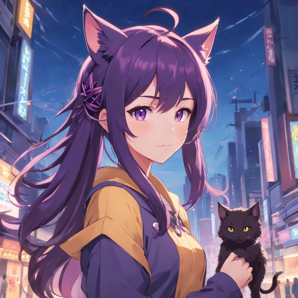 anime black+purpleish abit haired girl with cat tails, elf ears and aesthetic horns, fully cute clothed