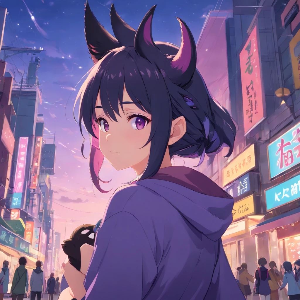 anime black+purpleish abit haired girl with cat tails, elf ears and aesthetic horns, fully cute clothed