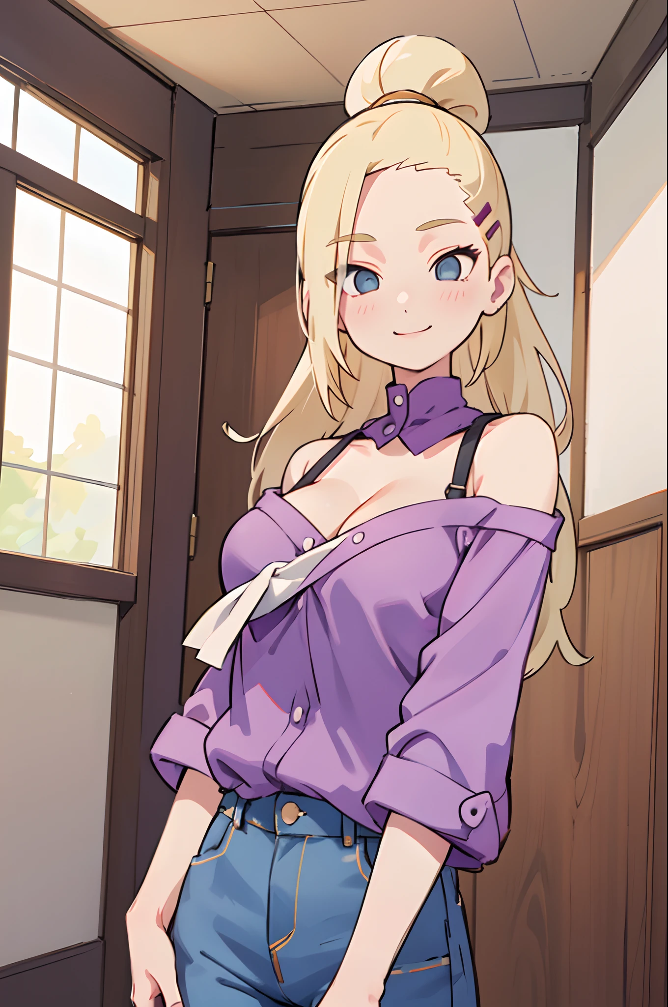 Ino yamanaka,Off-the-shoulder attire,cleavage,Frontal photo,inside in room,ssmile,sportrait,Purple clothes,denim short,blond hairbl