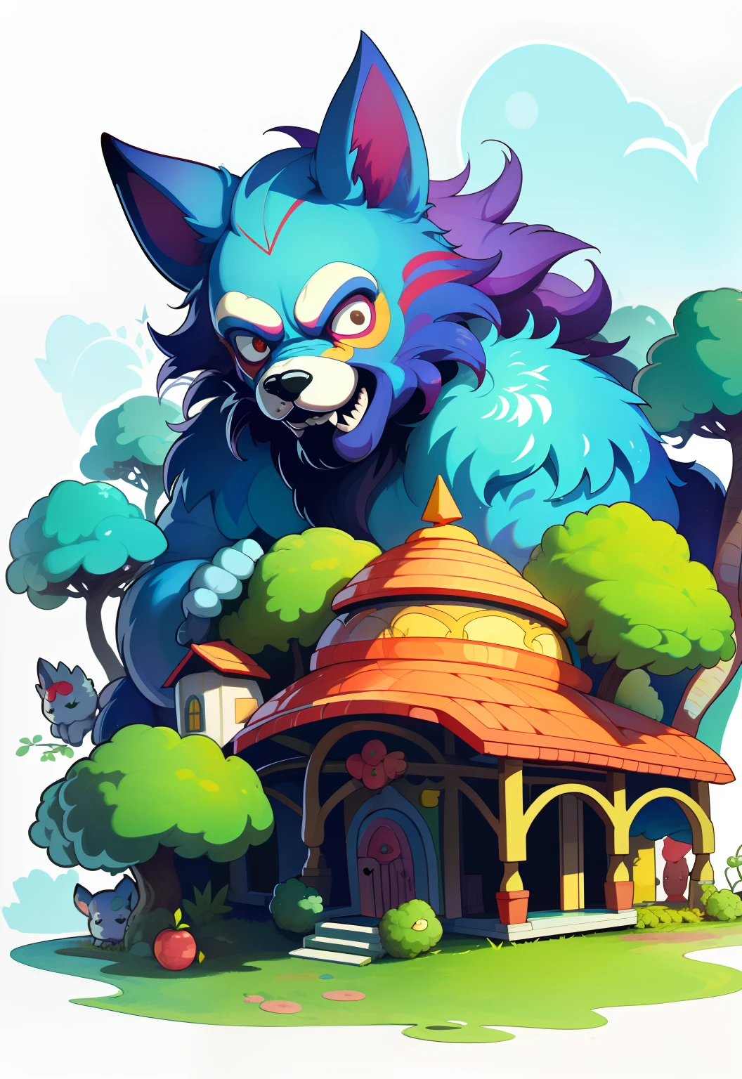adesivo, fundo simples, Grandma's house, um lobo homem monstro, lobisomem invadindo uma casa na floresta, Lobo Mau, Children's Stories Illustration, conto de fadas, cores vibrantes, cartoon illustration, melhor qualidade, Chibi