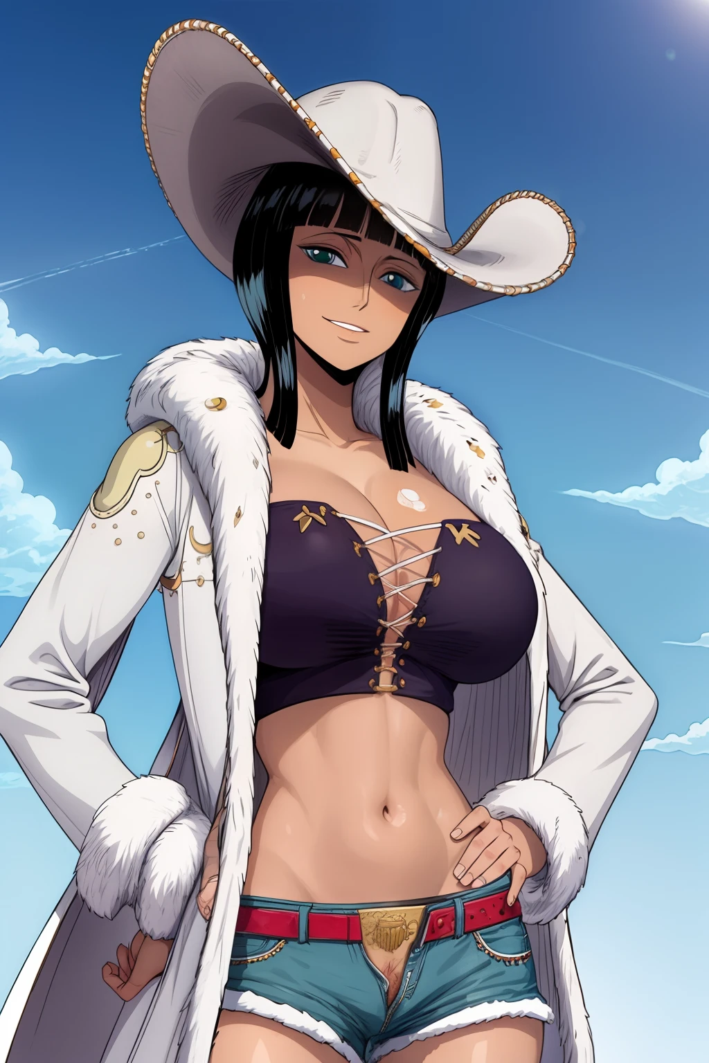 (masterpiece),best quality,Amazing,beautiful detailed eyes,1girl,nico robin,cowboy shot,mature female,light smile,medium hair, huge breasts,hat,white fur coat,short shorts , open fly ,pubic hair peak,midriff,