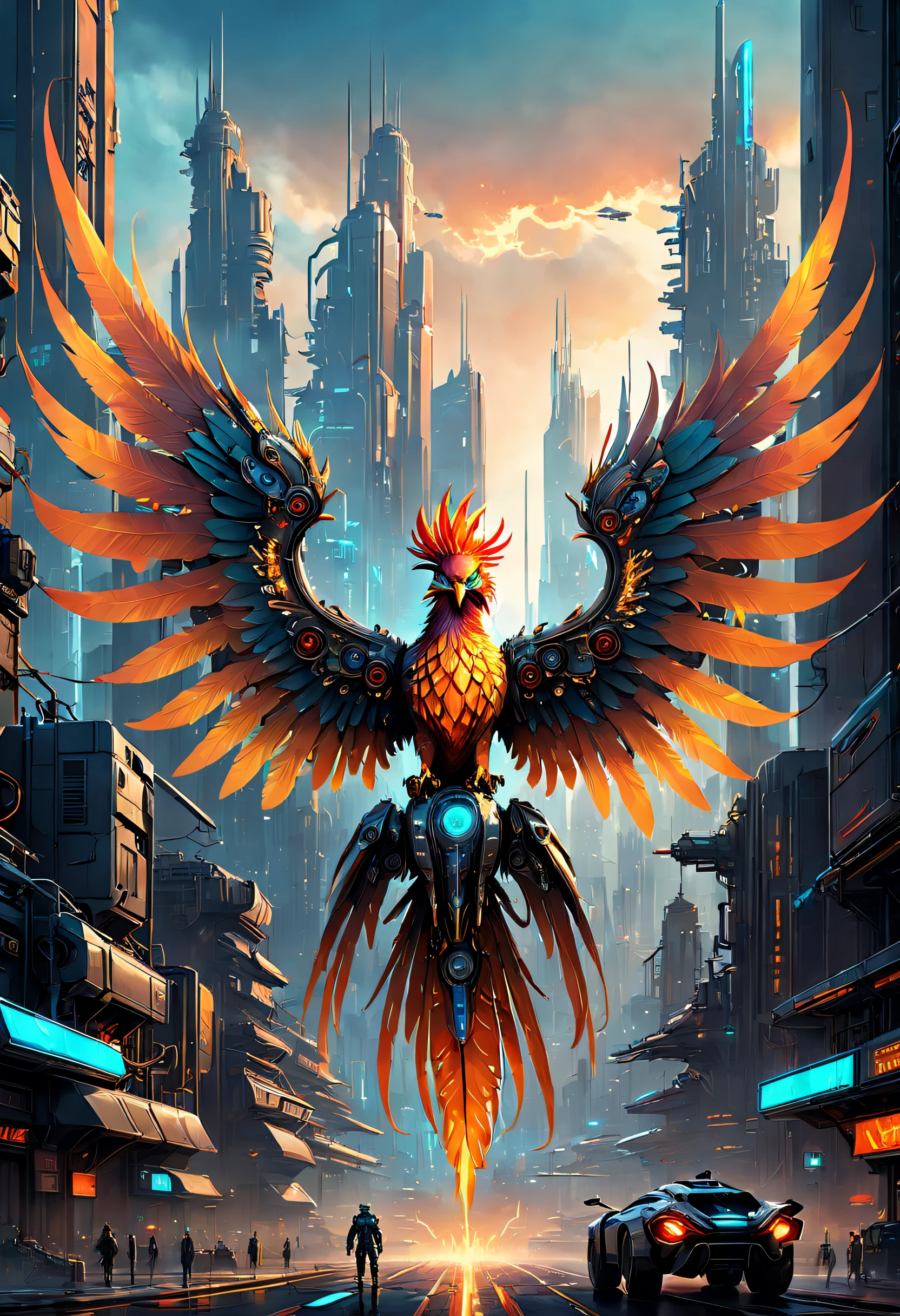 Mechanical Phoenix，Futuristic Phoenix，Mechanical wings，futuristic urban background，Beautiful sci-fi art, Science-fi digital art illustration, Digital cyberpunk art, science fiction digital painting, futuristic digital painting, futuristic concept art, in front of a sci fi cityscape, science fiction digital art, Advanced digital cyberpunk art, Fantastic cyberpunk phoenix